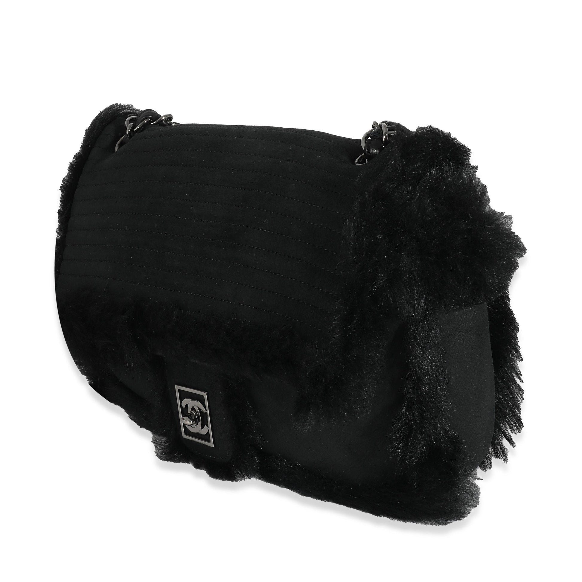 CHANEL Black Horizontal Stitch Shearling CC Flap Bag