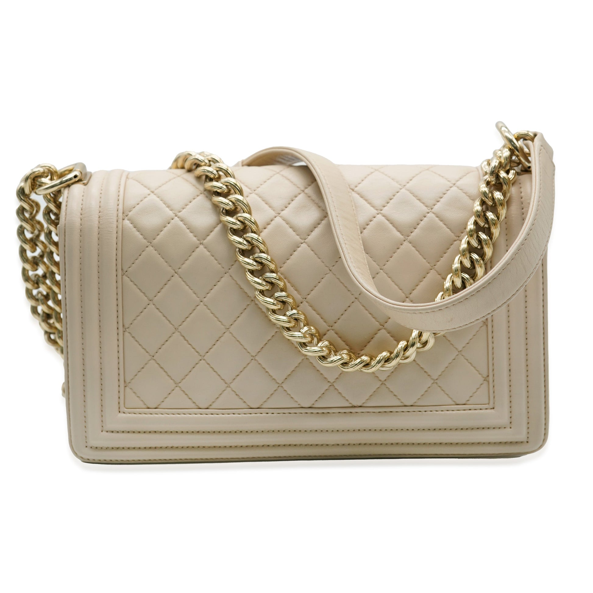 CHANEL Beige Quilted Lambskin Medium Boy Bag