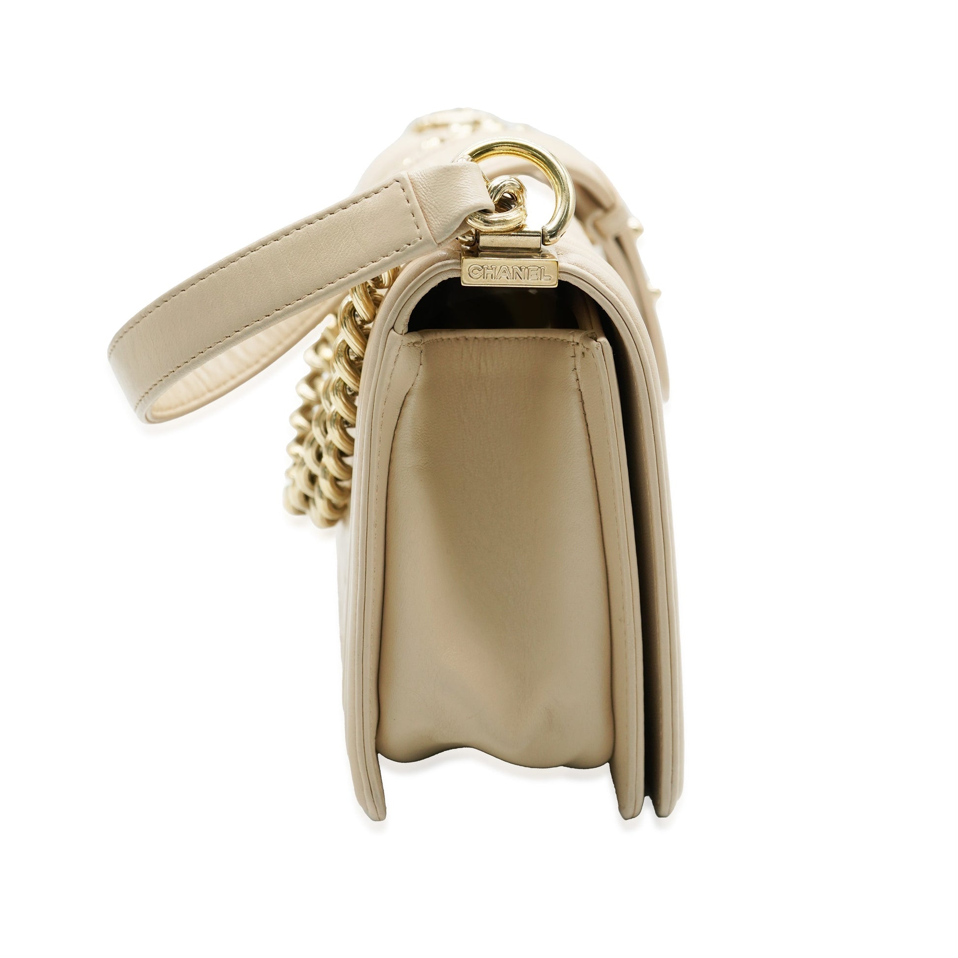 CHANEL Beige Quilted Lambskin Medium Boy Bag