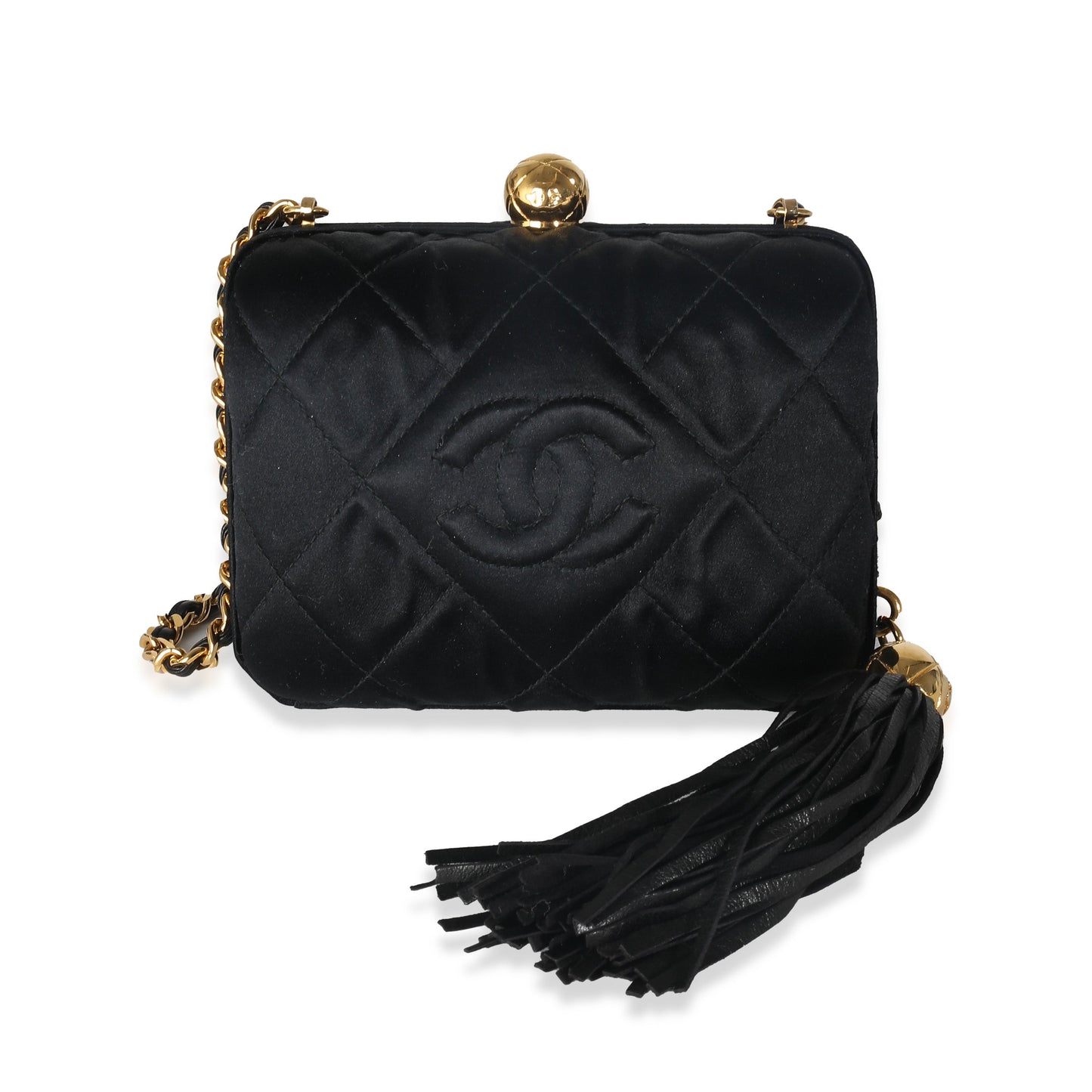 CHANEL Black Quilted Satin CC Tassel Box Clutch