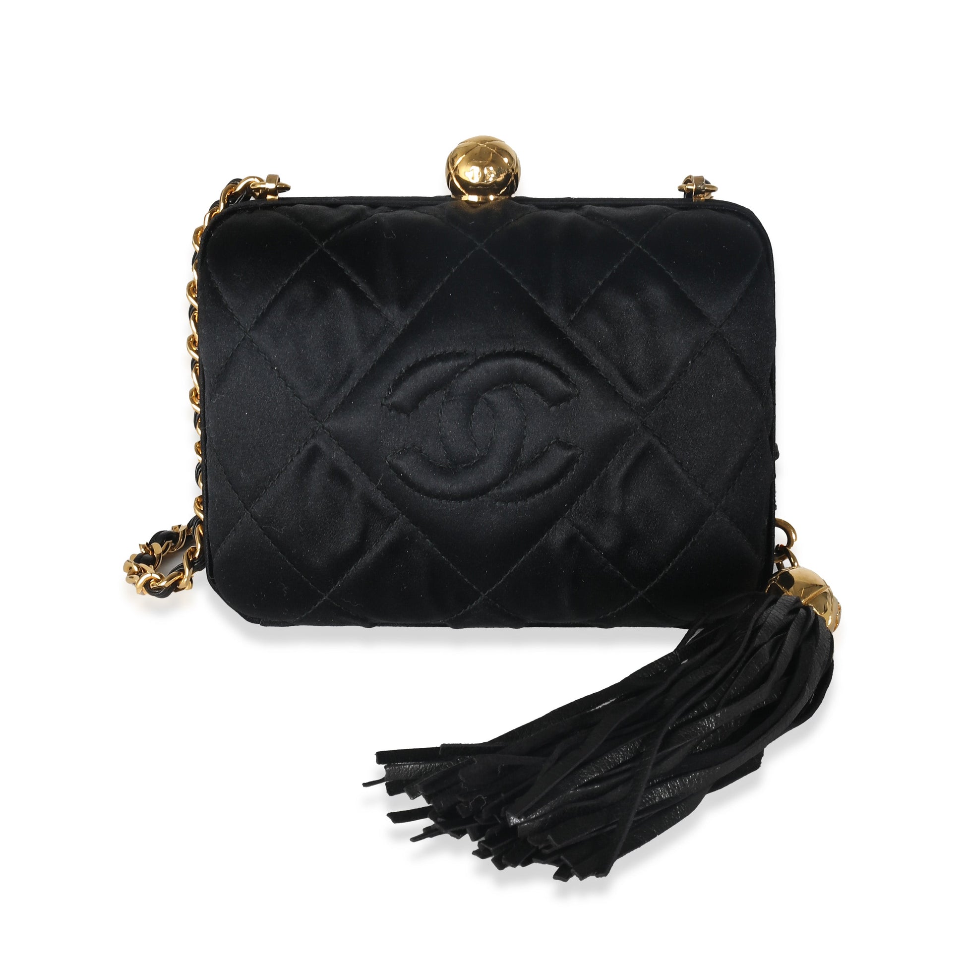 CHANEL Black Quilted Satin CC Tassel Box Clutch