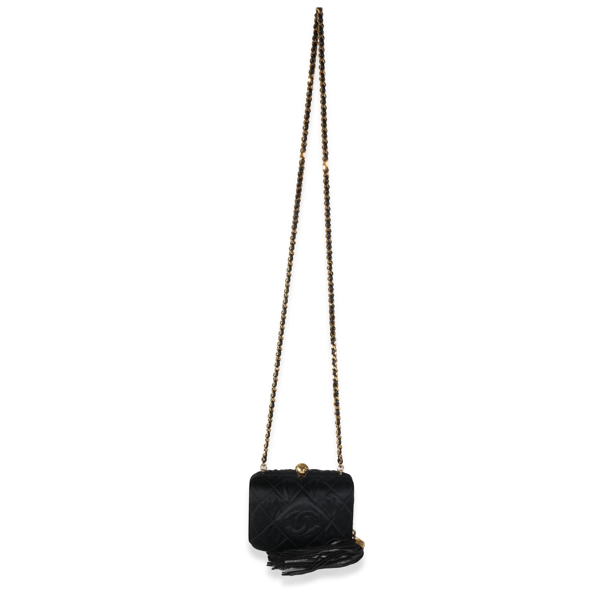 CHANEL Black Quilted Satin CC Tassel Box Clutch