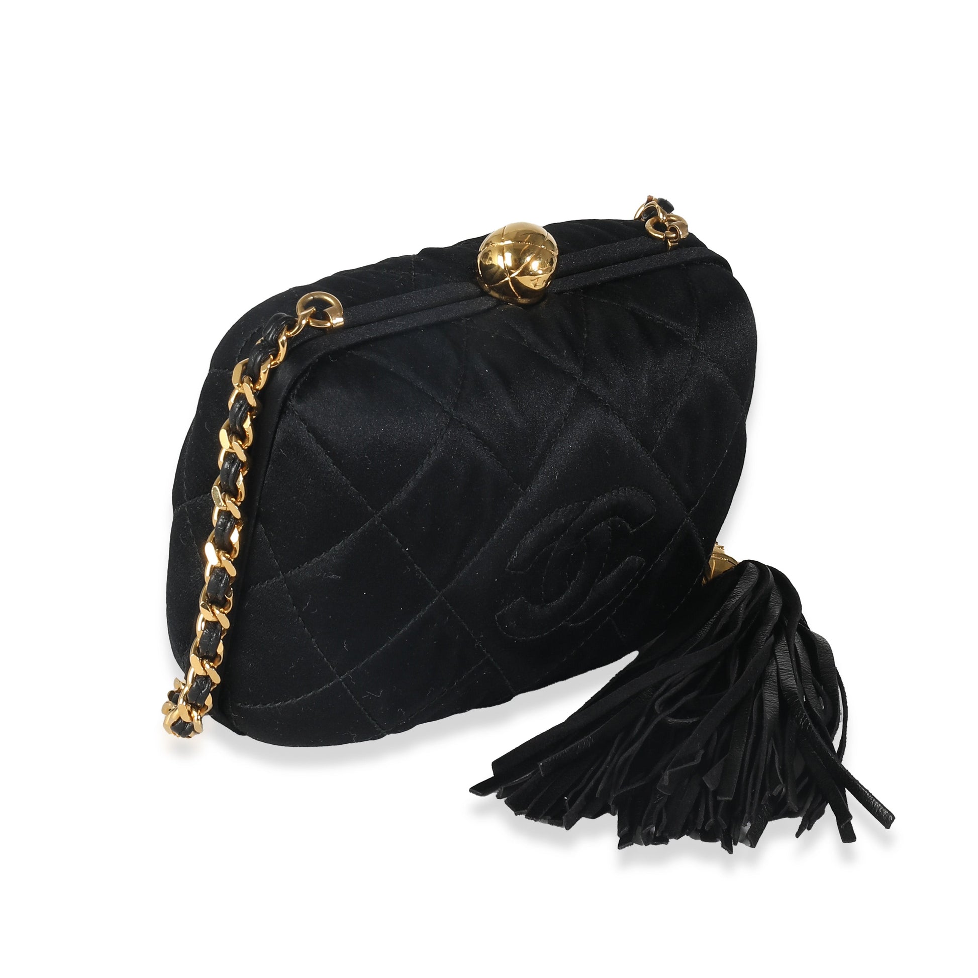 CHANEL Black Quilted Satin CC Tassel Box Clutch