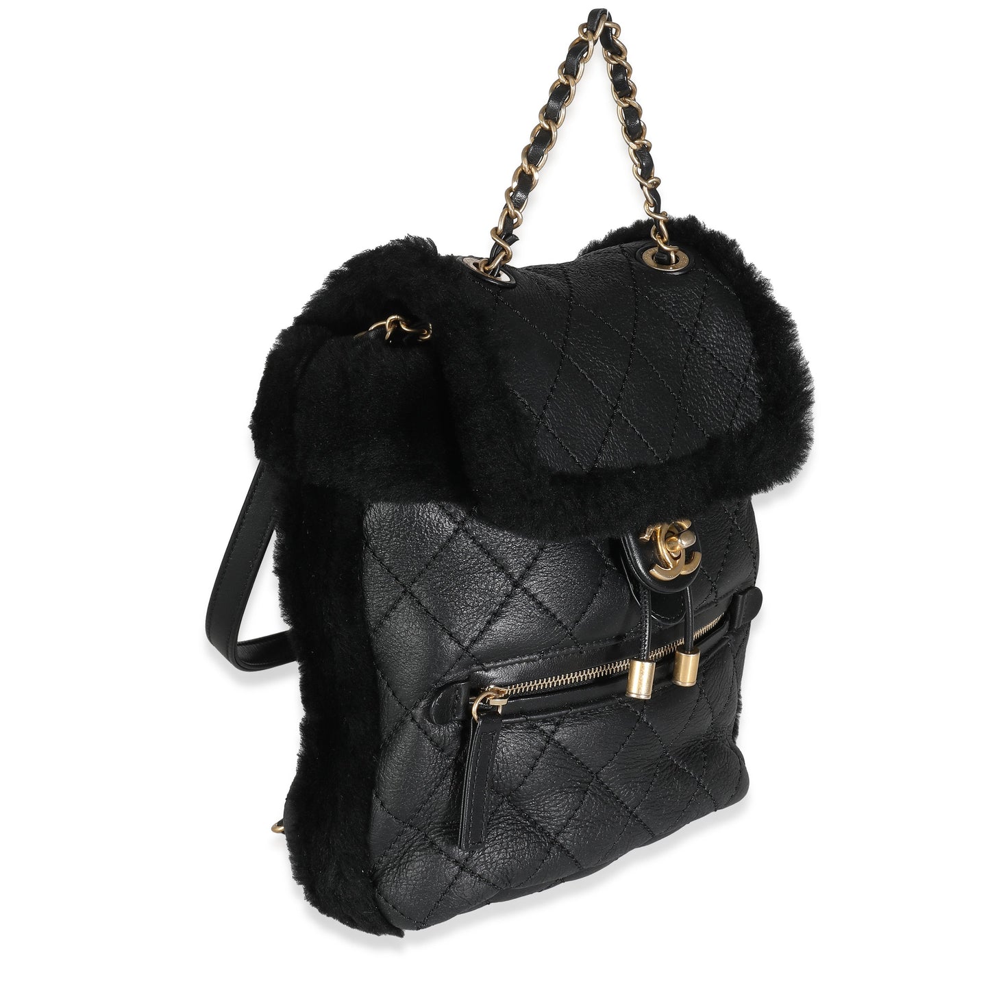 CHANEL Black Quilted Shearling Paris Hamburg Small Backpack