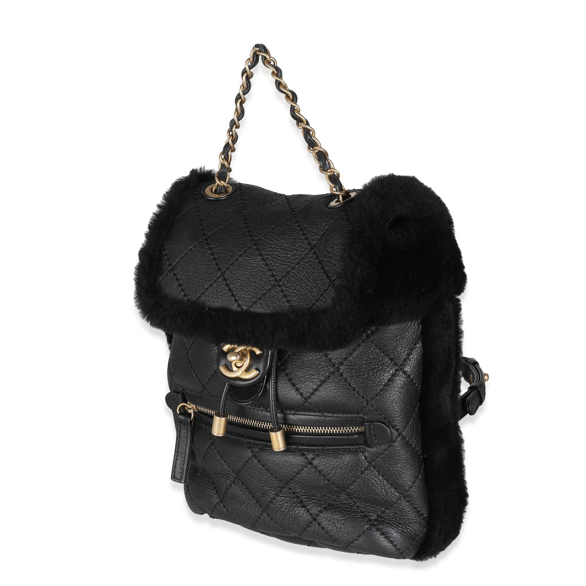 CHANEL Black Quilted Shearling Paris Hamburg Small Backpack