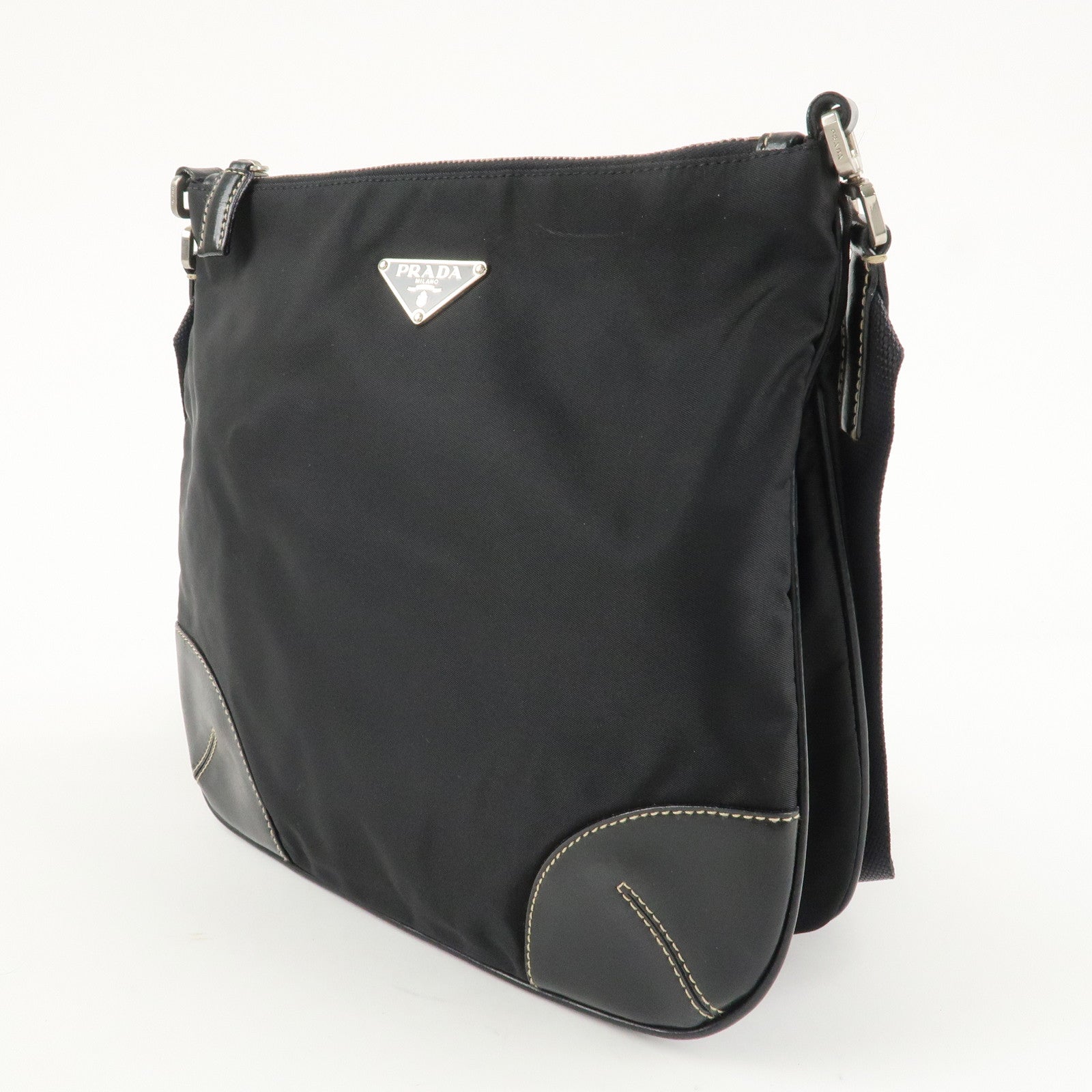 PRADA Triangle Logo Leather Nylon Shoulder Bag Crossbody Bag Black