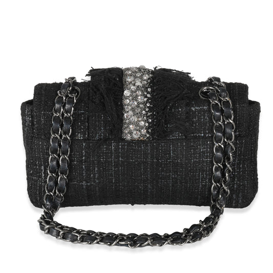 CHANEL Black Tweed Swarovski Fringe Flap Bag
