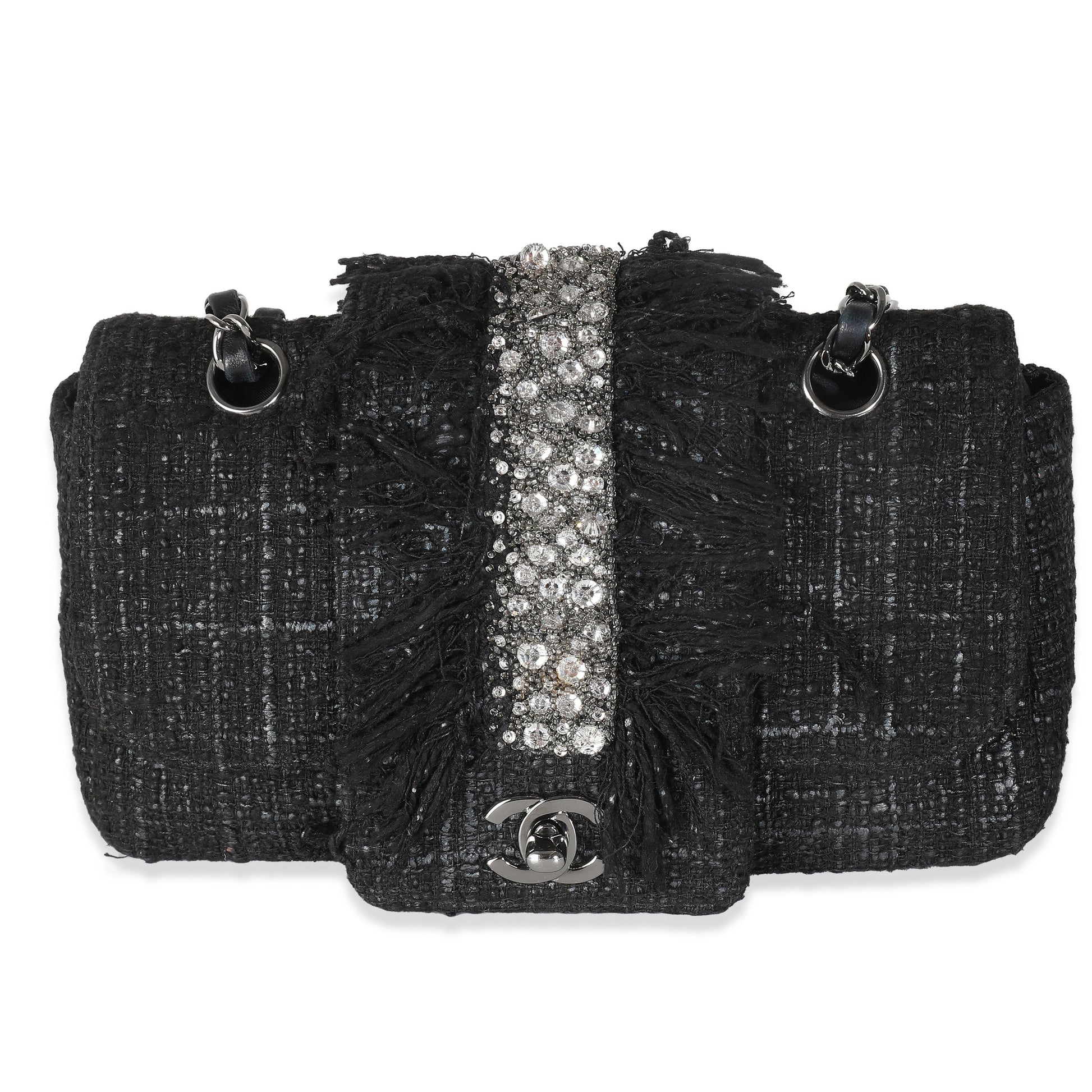 CHANEL Black Tweed Swarovski Fringe Flap Bag