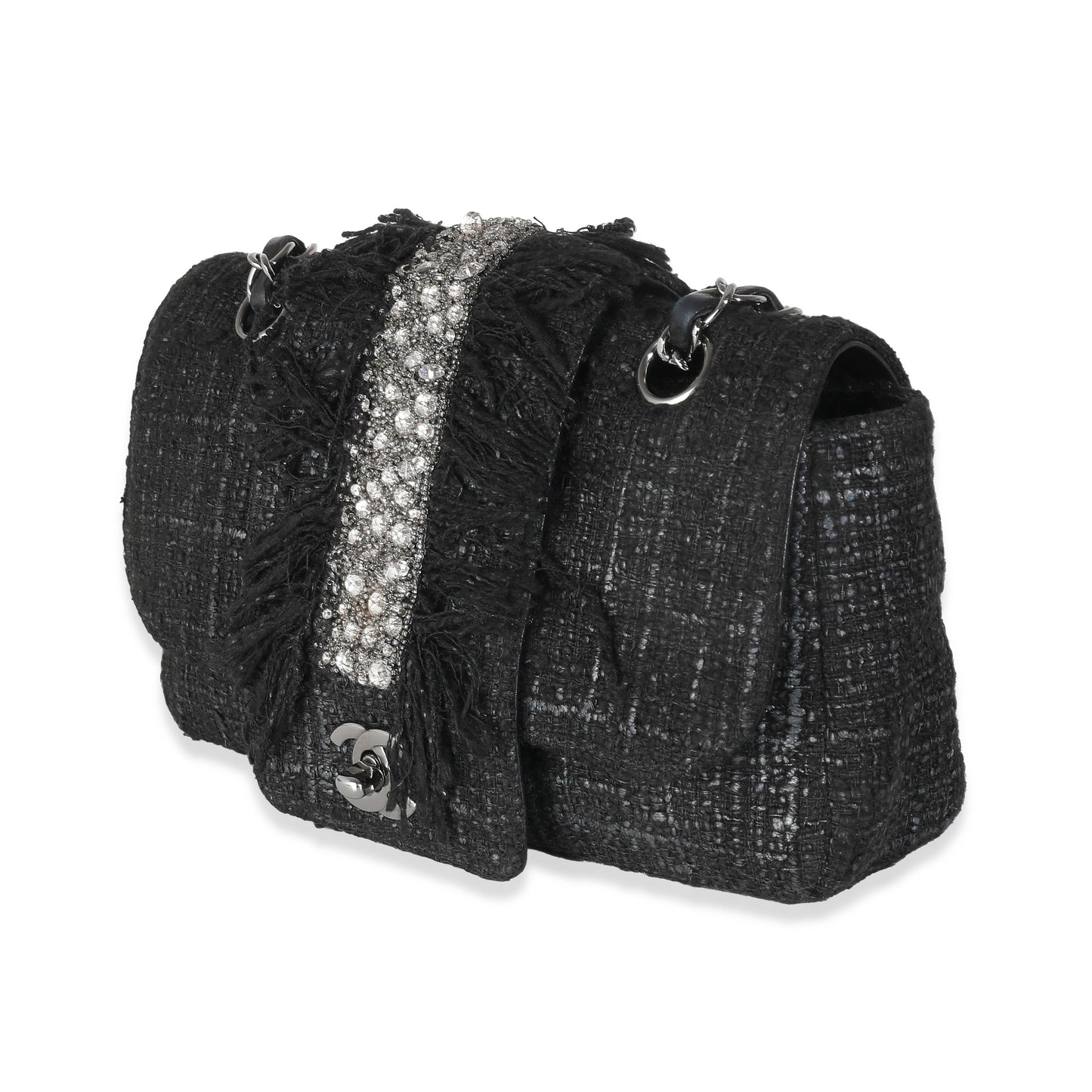 CHANEL Black Tweed Swarovski Fringe Flap Bag