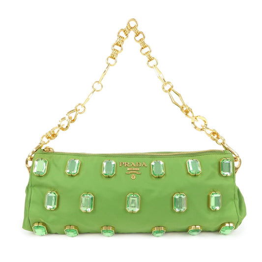 PRADA Bijou Nylon Stone Chain Shoulder Bag Clutch Bag Green