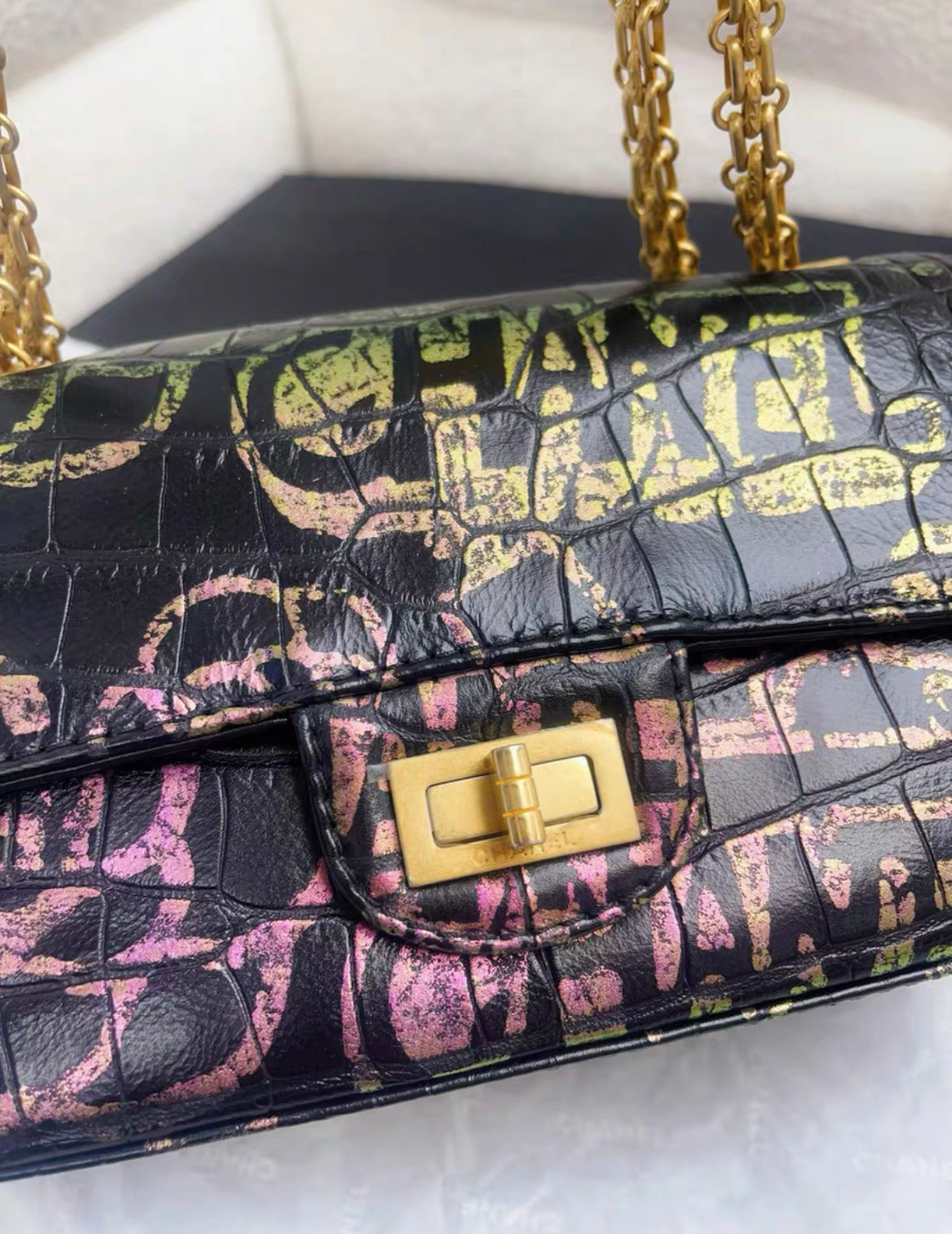 CHANEL 19A IRIDESCENT PINK, GREEN AND GOLD GRAFFITI PRINT BLACK CROCODILE 2.55 MINI CLASSIC FLAP BAG