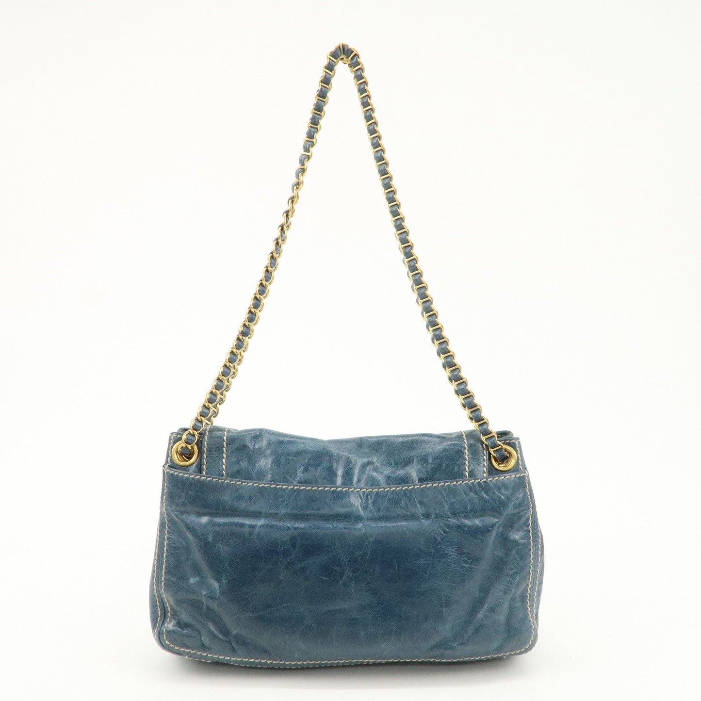 PRADA Leather Chain Shoulder Bag Blue Gold Hardware BR4659