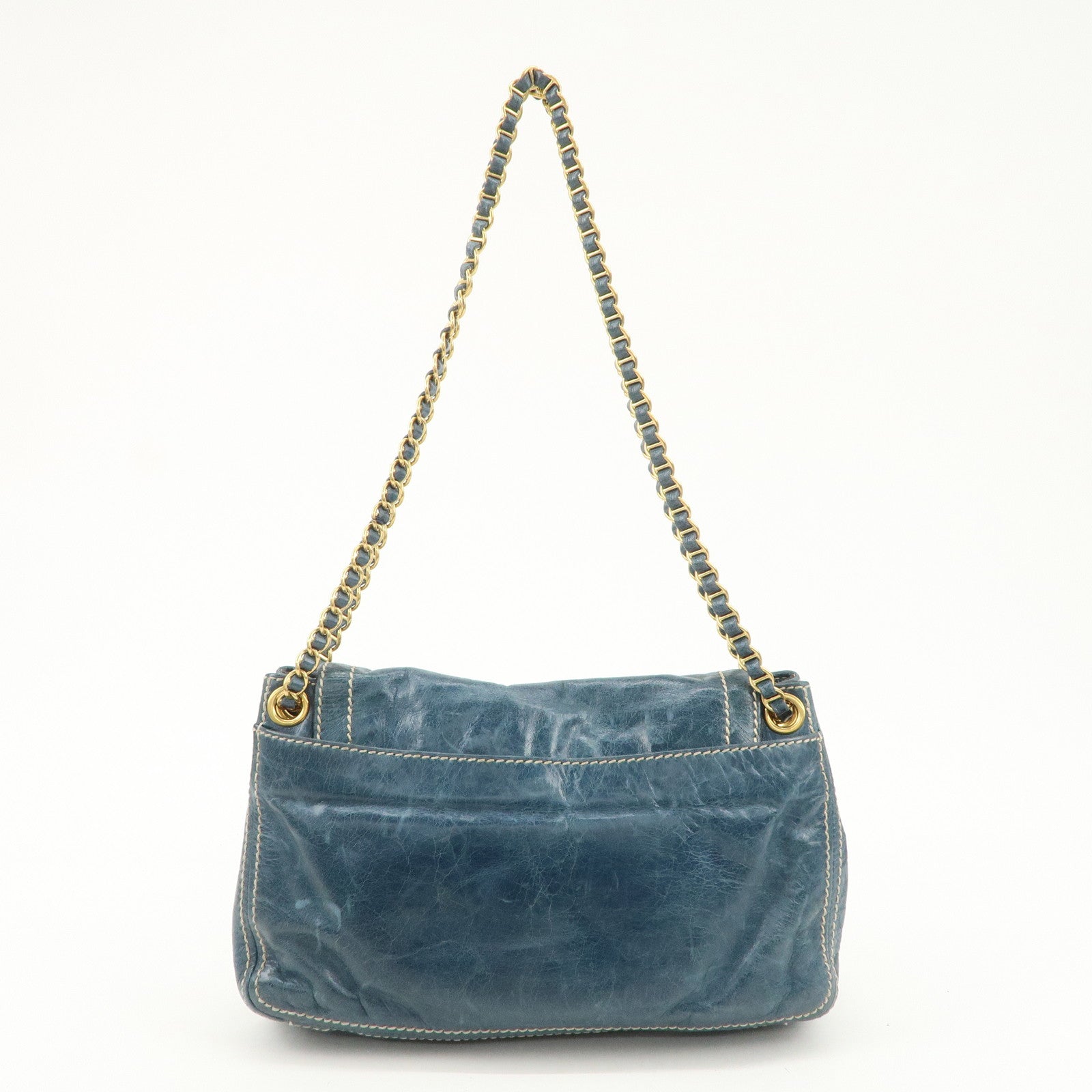 PRADA Leather Chain Shoulder Bag Blue Gold Hardware BR4659