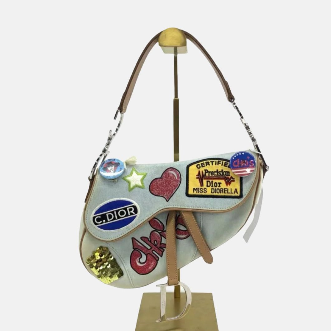 Dior Saddle Bag Miss Diorella in Blue Denim with Badges, Fall-Winter 2001