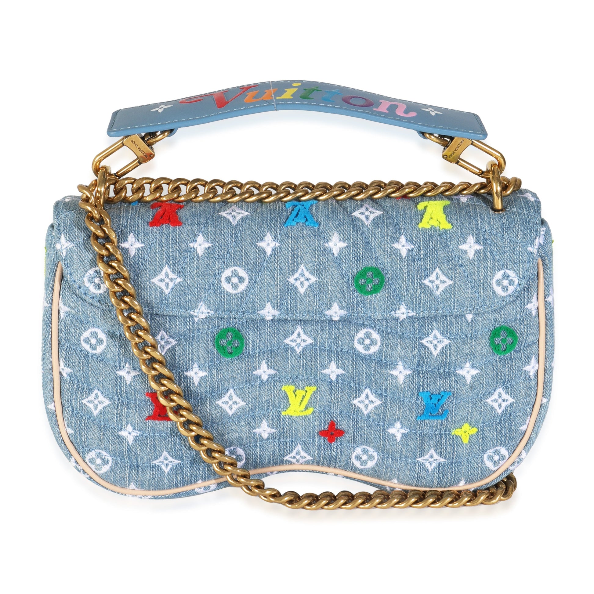 Luxury Women's Handbag | Louis Vuitton Blue Embroidered Monogram Denim New Wave MM