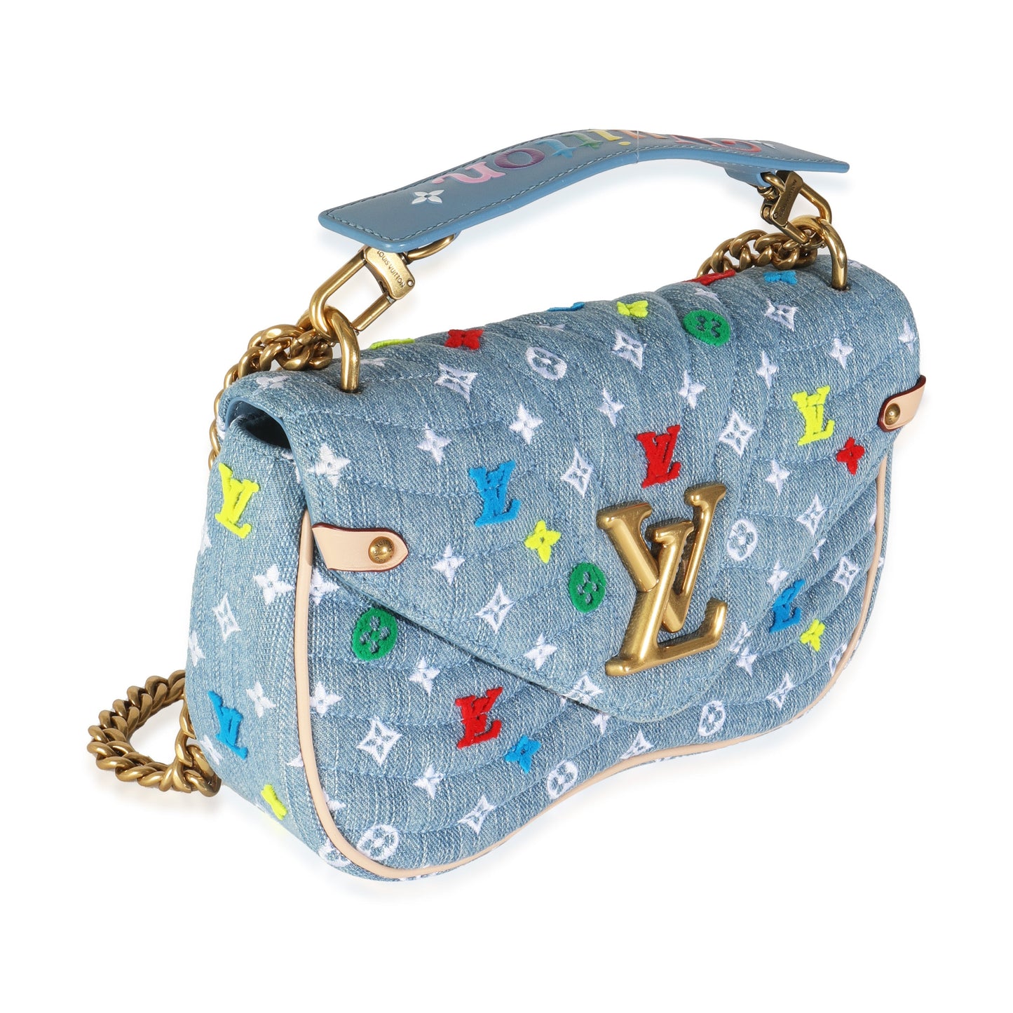 Luxury Women's Handbag | Louis Vuitton Blue Embroidered Monogram Denim New Wave MM