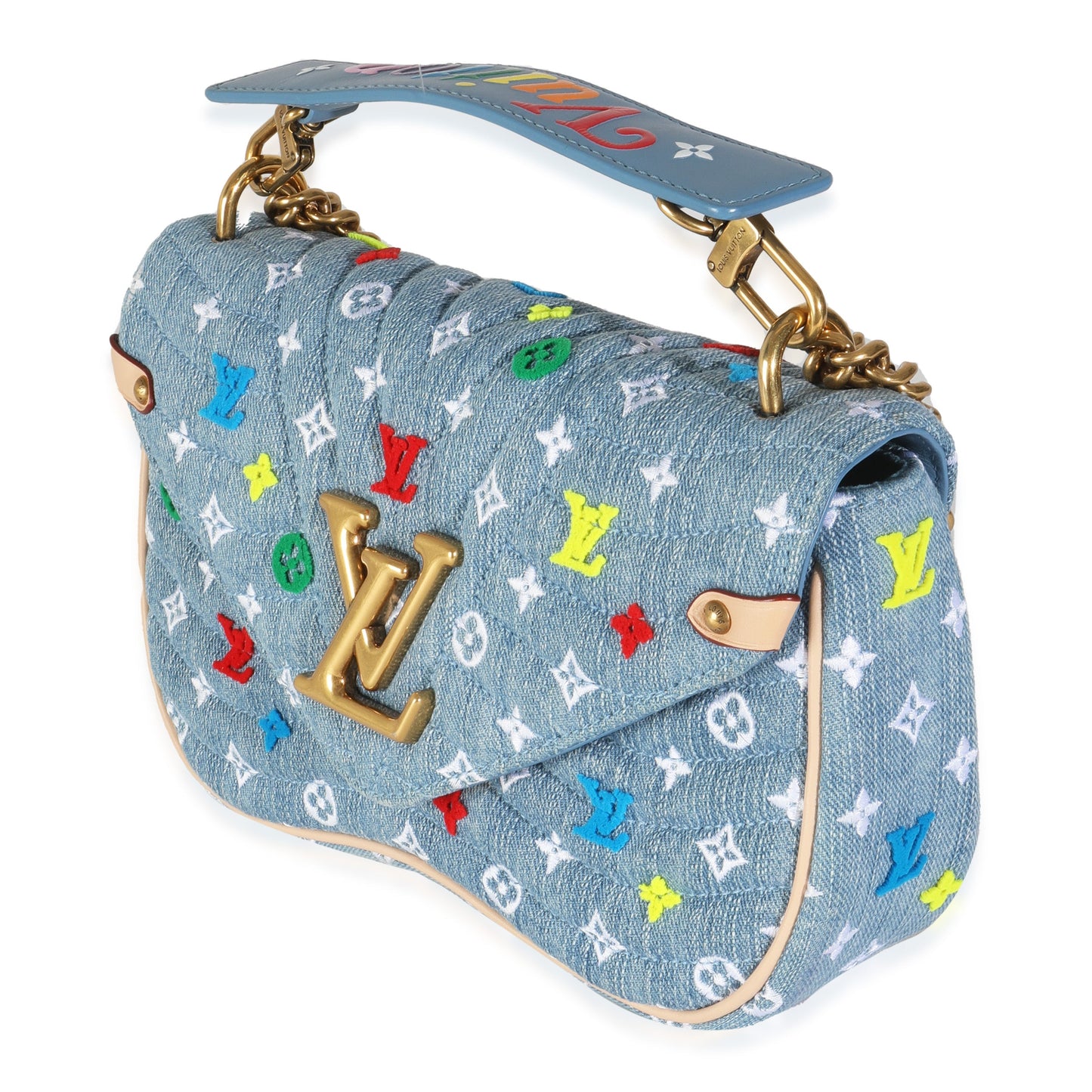 Luxury Women's Handbag | Louis Vuitton Blue Embroidered Monogram Denim New Wave MM