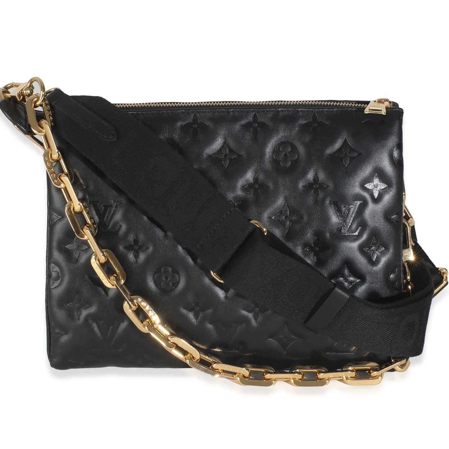 Luxury Women's Handbag | Louis Vuitton Black Lambskin Embossed Monogram Coussin PM