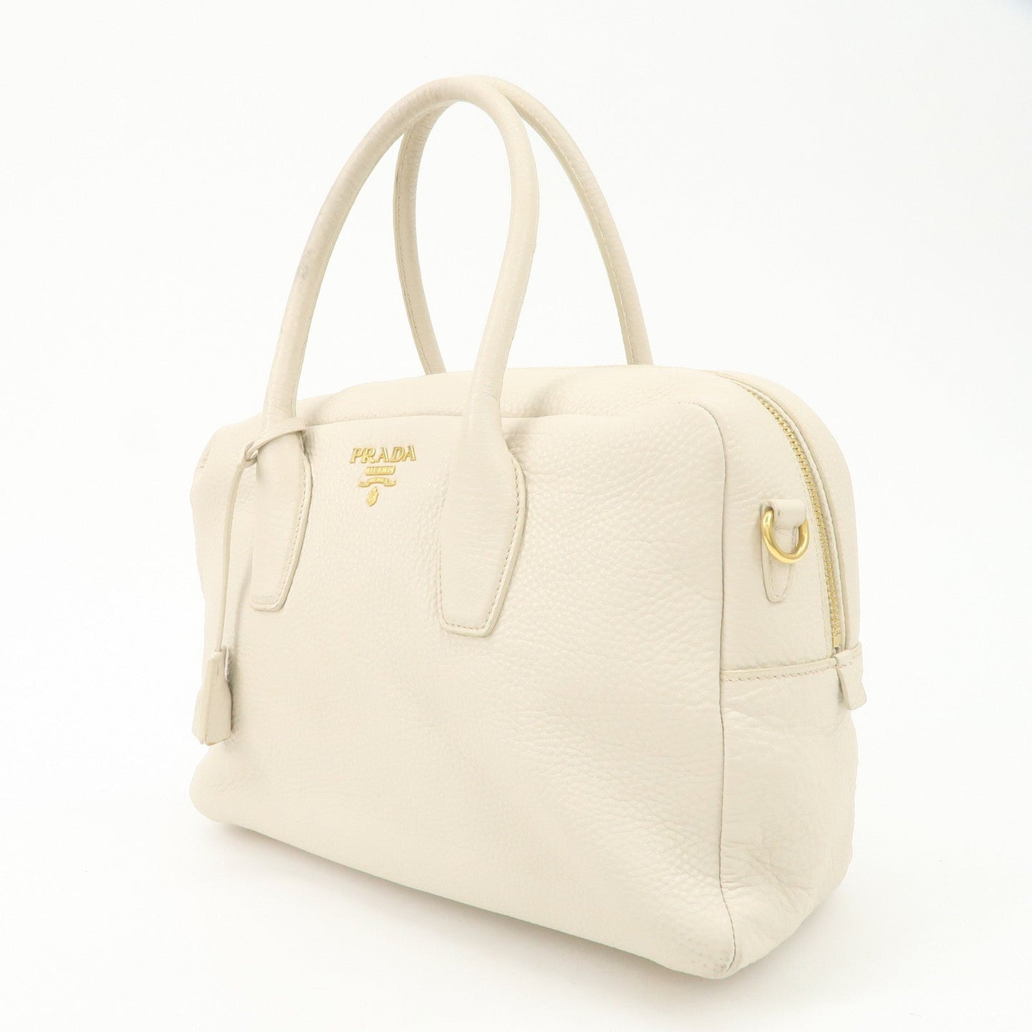 PRADA Logo Leather 2Way Boston Shoulder Bag Gold HDW Ivory