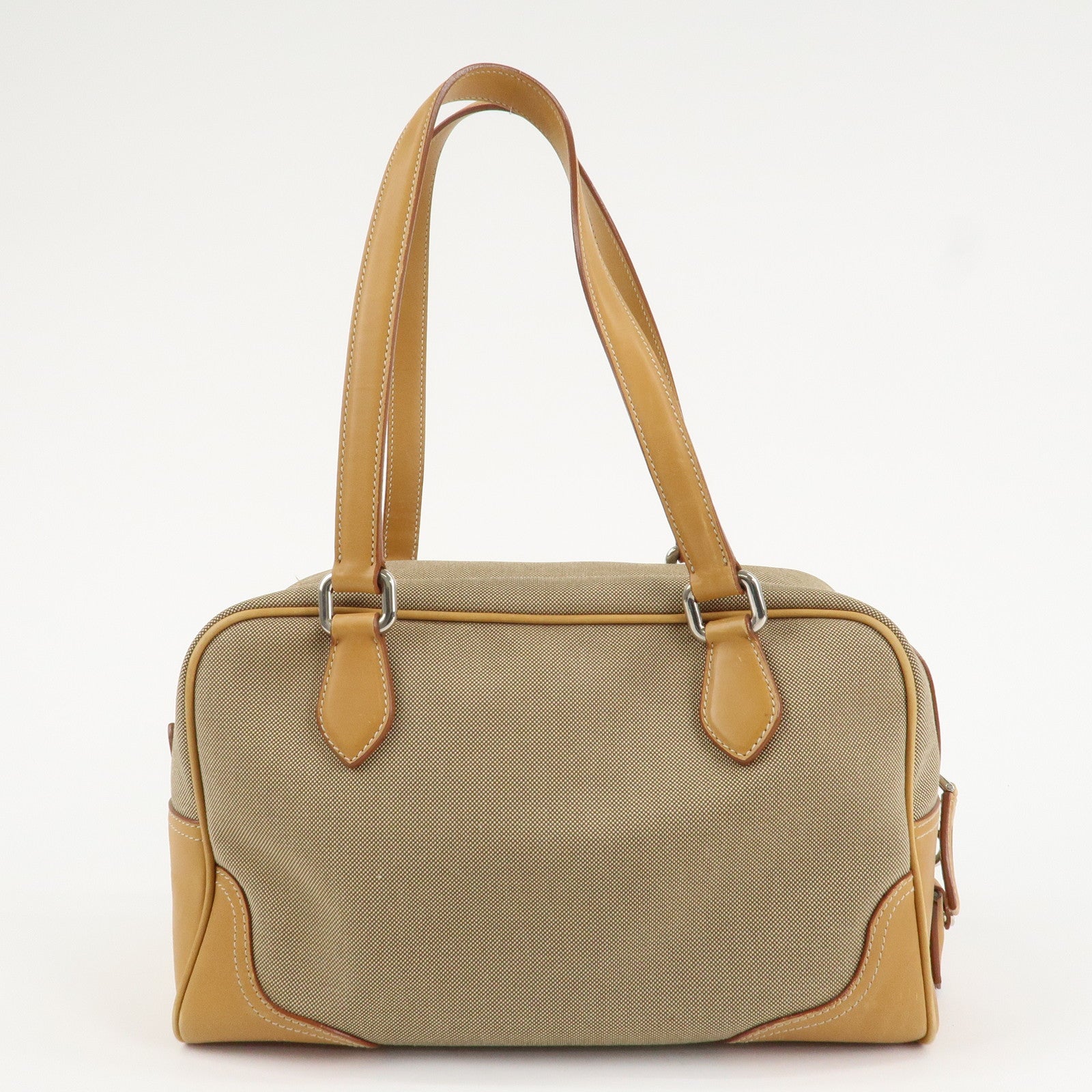 PRADA Logo Jacquard Leather Boston Bag Shoulder Bag Beige