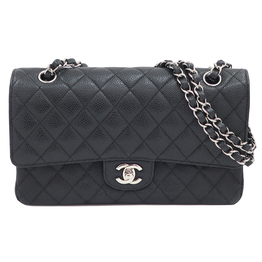 Chanel Bag Matrasse 25 A01112 Chain Shoulder CC Mark W Flap Caviar S BK/SV G Women 19th Eight-digit Card Bag Box