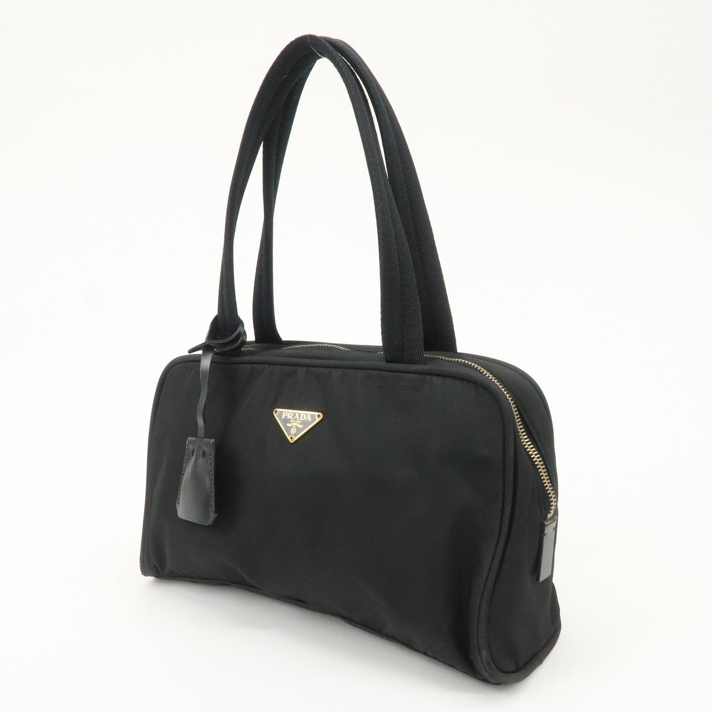 PRADA Triangle Logo Leather Nylon Hand Bag Shoulder Bag Black BR0141