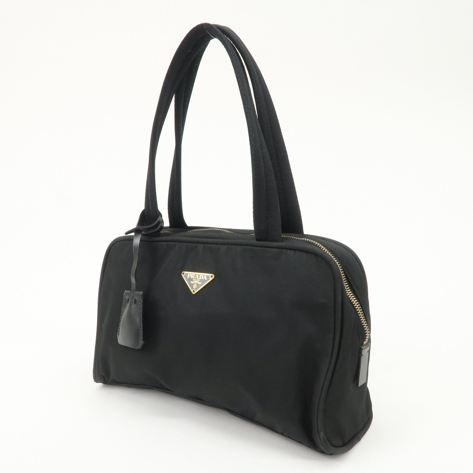 PRADA Triangle Logo Leather Nylon Hand Bag Shoulder Bag Black BR0141