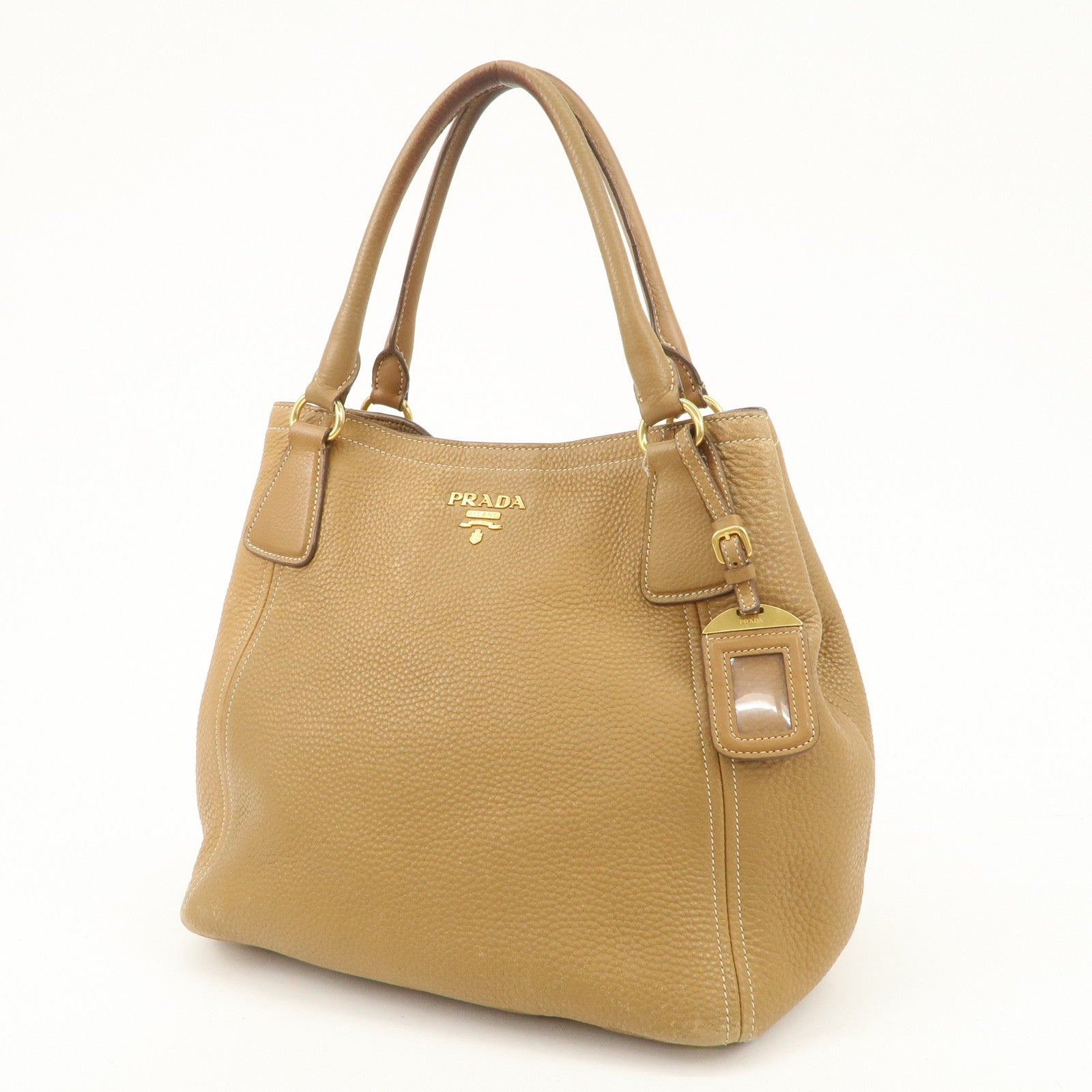 PRADA Leather Tote Bag Hand Bag Shoulder Bag Beige Gold HDW