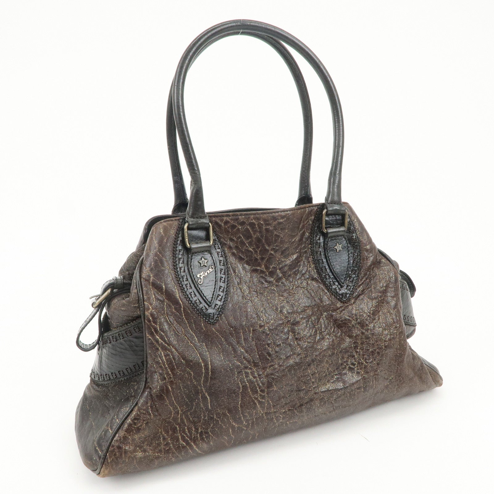 FENDI Etnico Leather Tote Bag Shoulder Bag Hand Bag Brown 8BN162