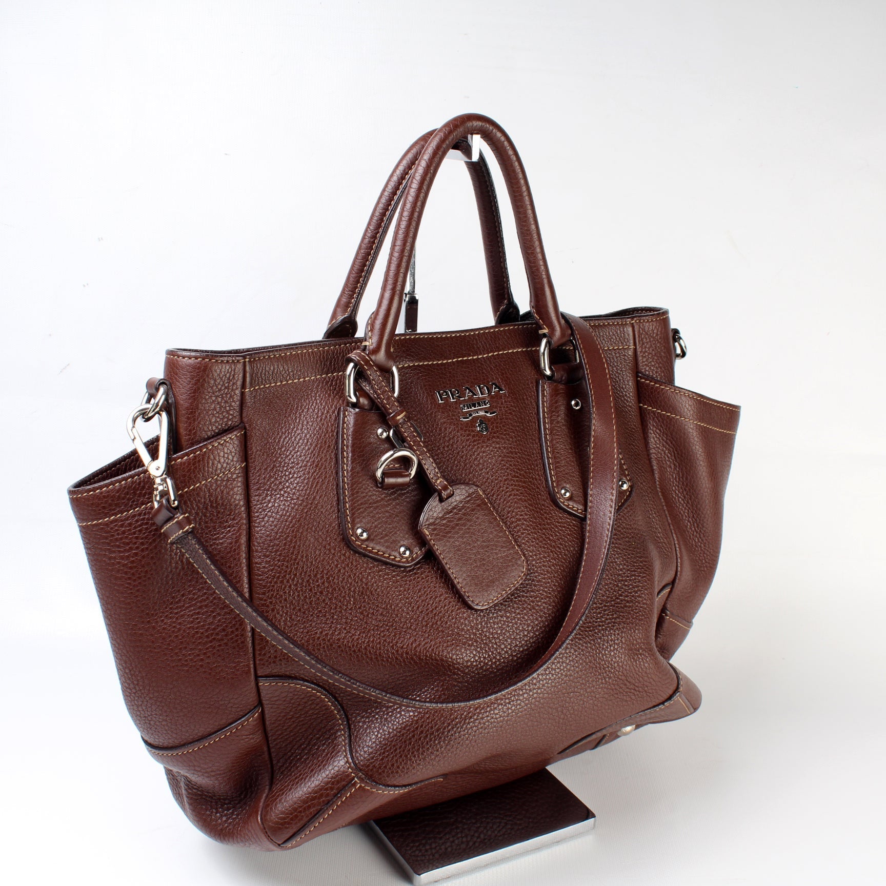 Prada Vitello Daino Side Pocket Leather Tote Bag