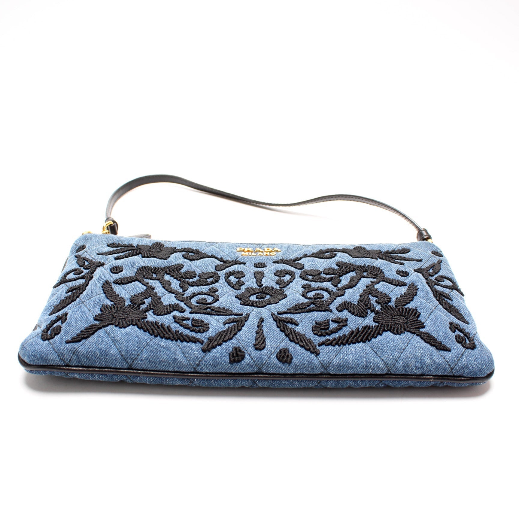 Prada Denim Embroidered Wristlet Bag