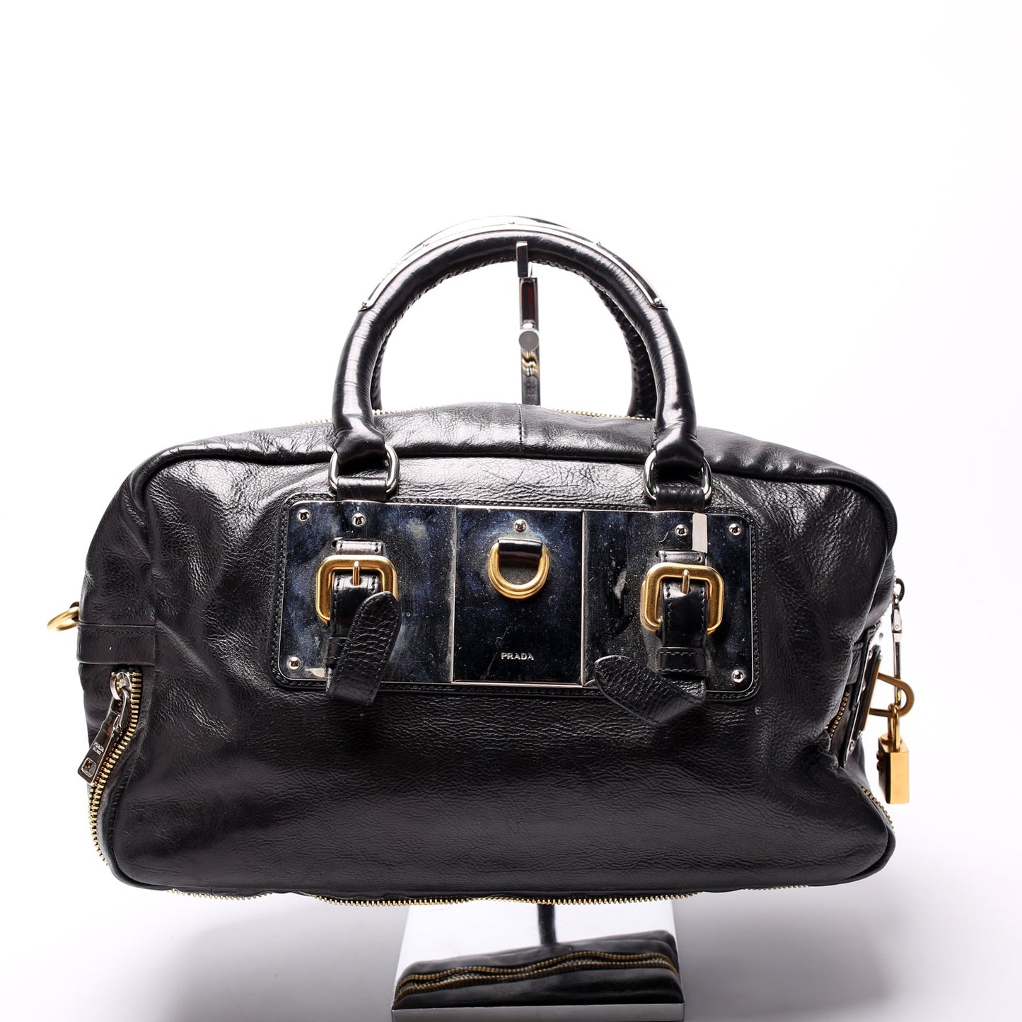 Prada Glace Calfskin Zippers Plaque Boston Bag