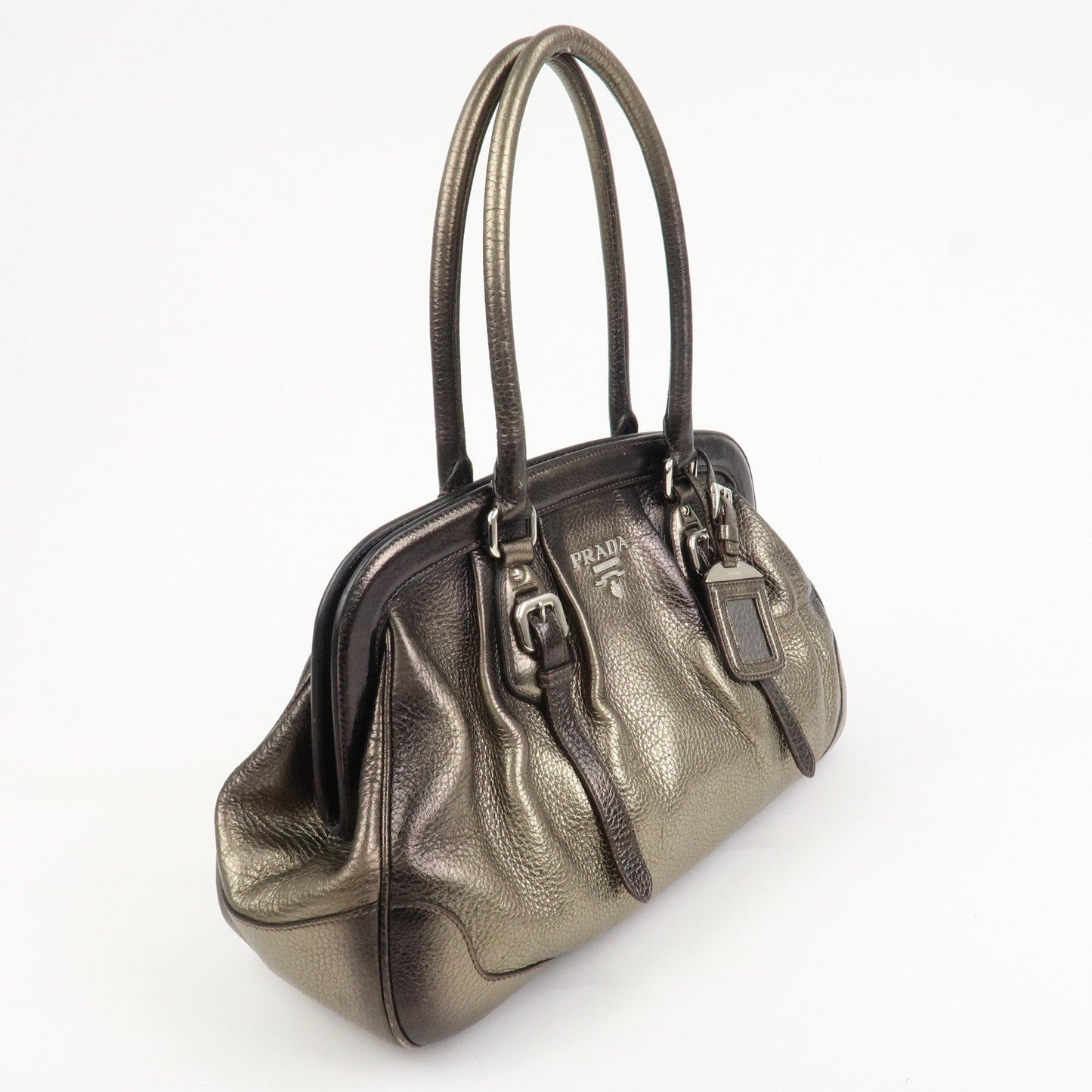 PRADA Logo Leather Shoulder Bag Boston Bag Metallic Gold
