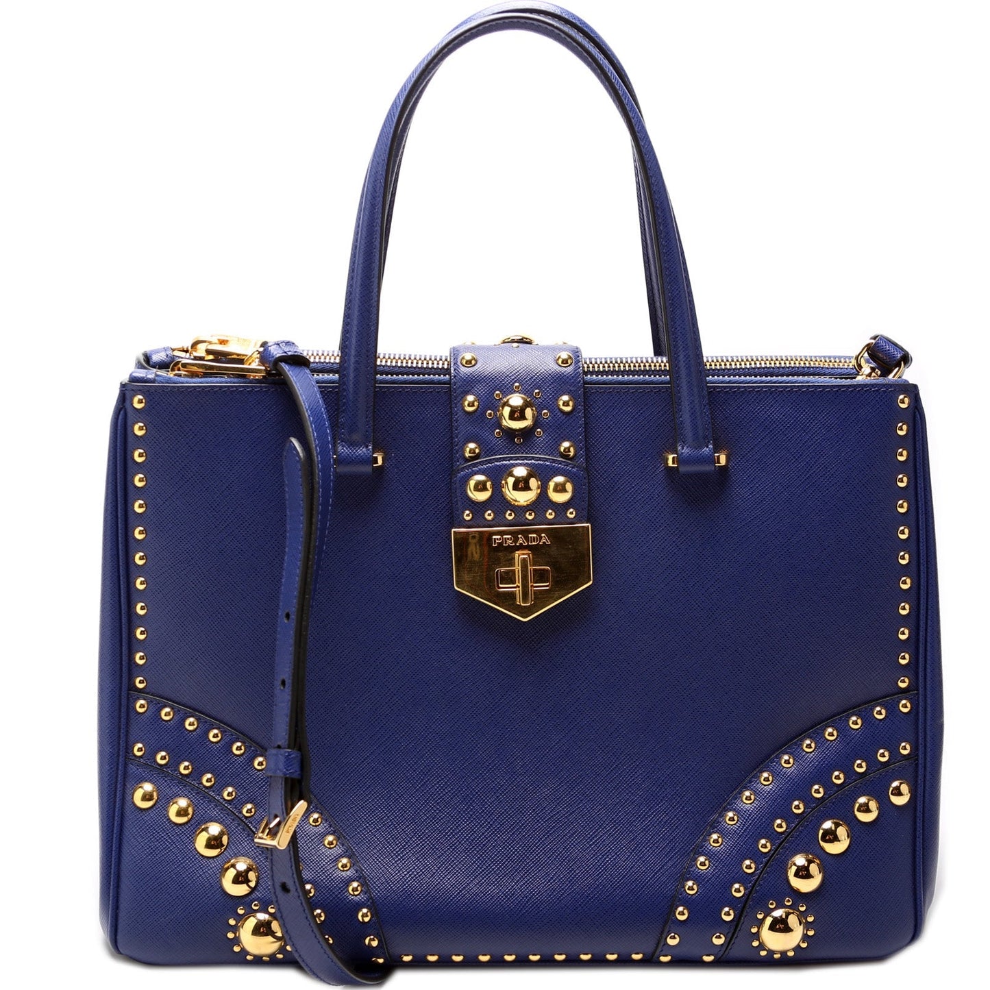 Prada Saffiano Turnlock Studded Double Zip Medium Bag