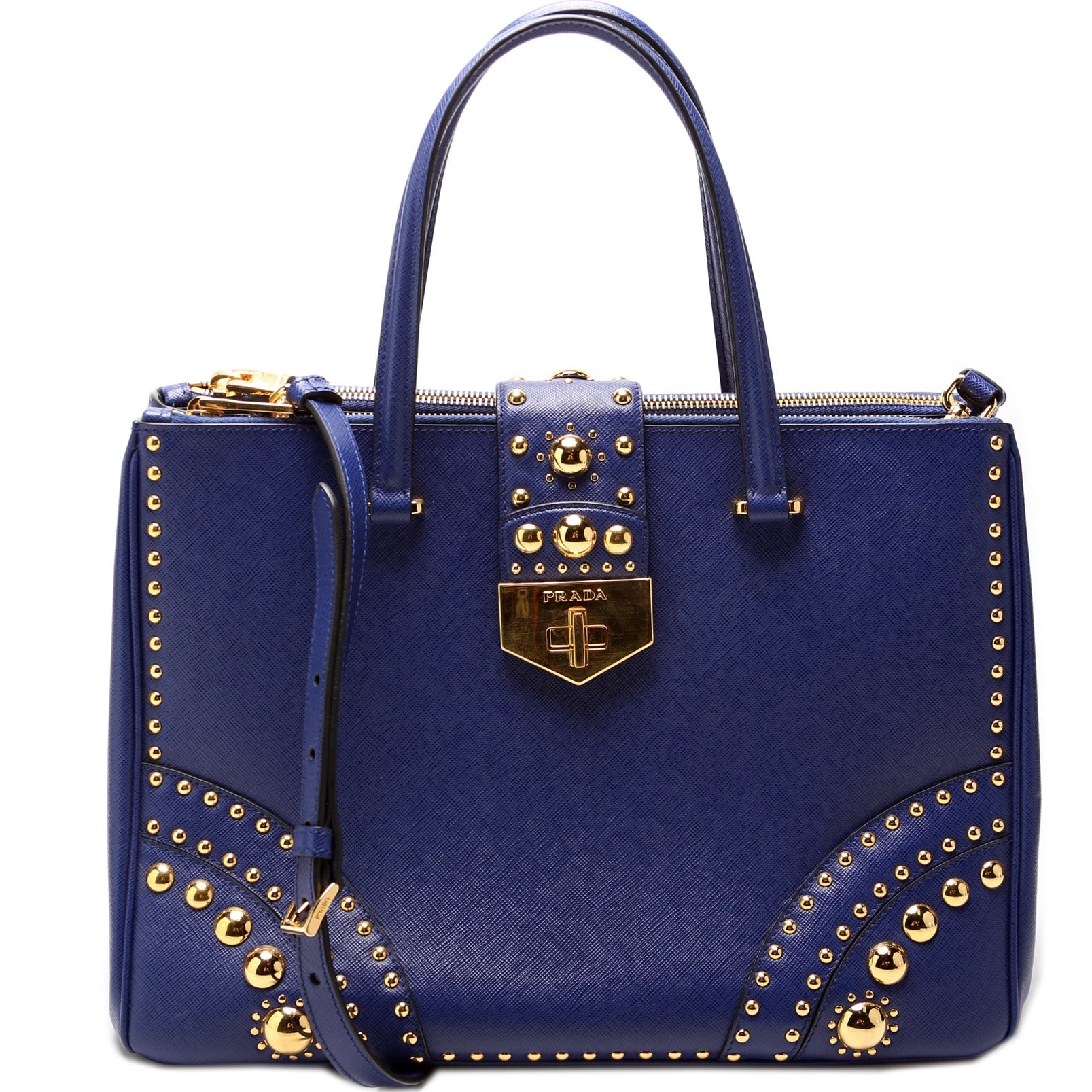 Prada Saffiano Turnlock Studded Double Zip Medium Bag