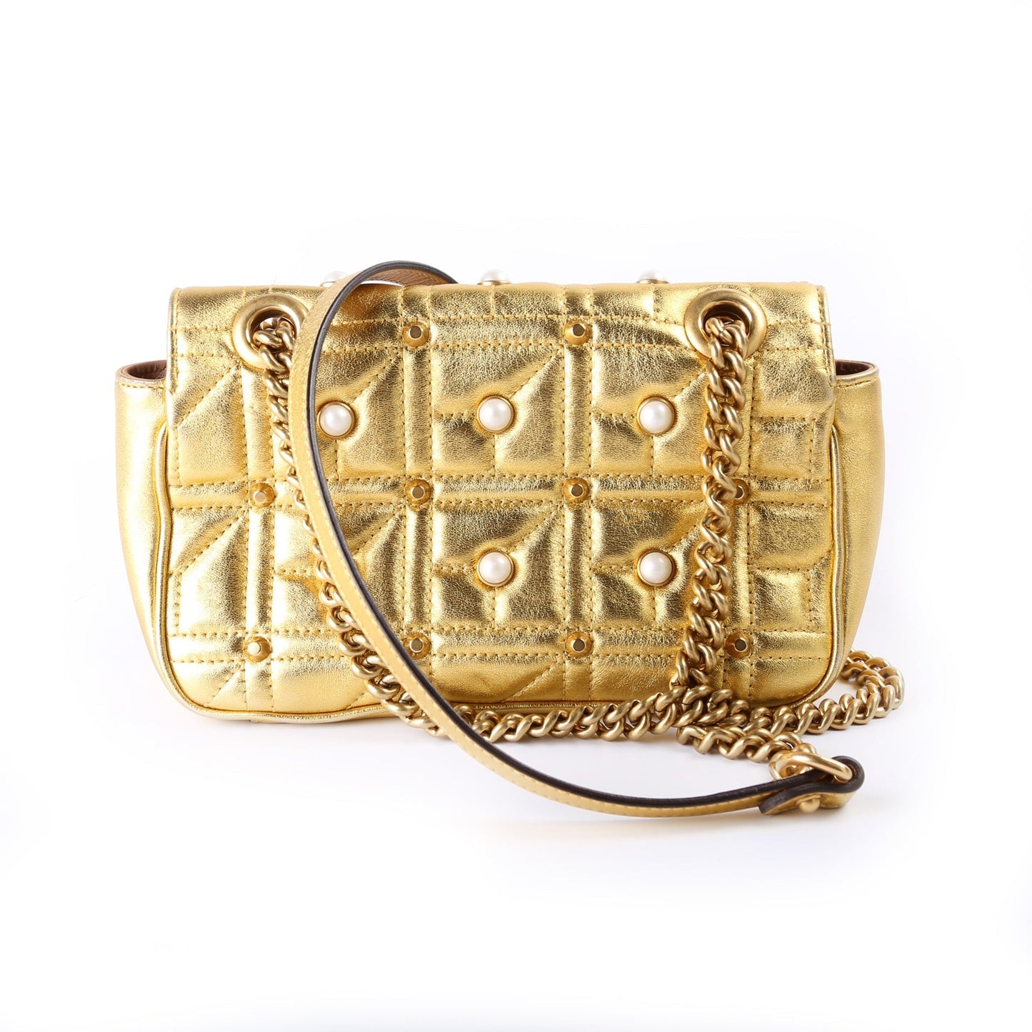 Gucci 446744 Marmont Pearl Stud Leather Shoulder Mini Flap Bag