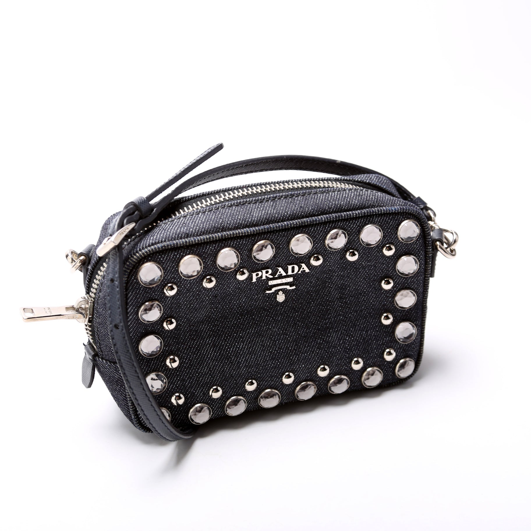 Prada Denim Studded Embellished Mini Camera Bag