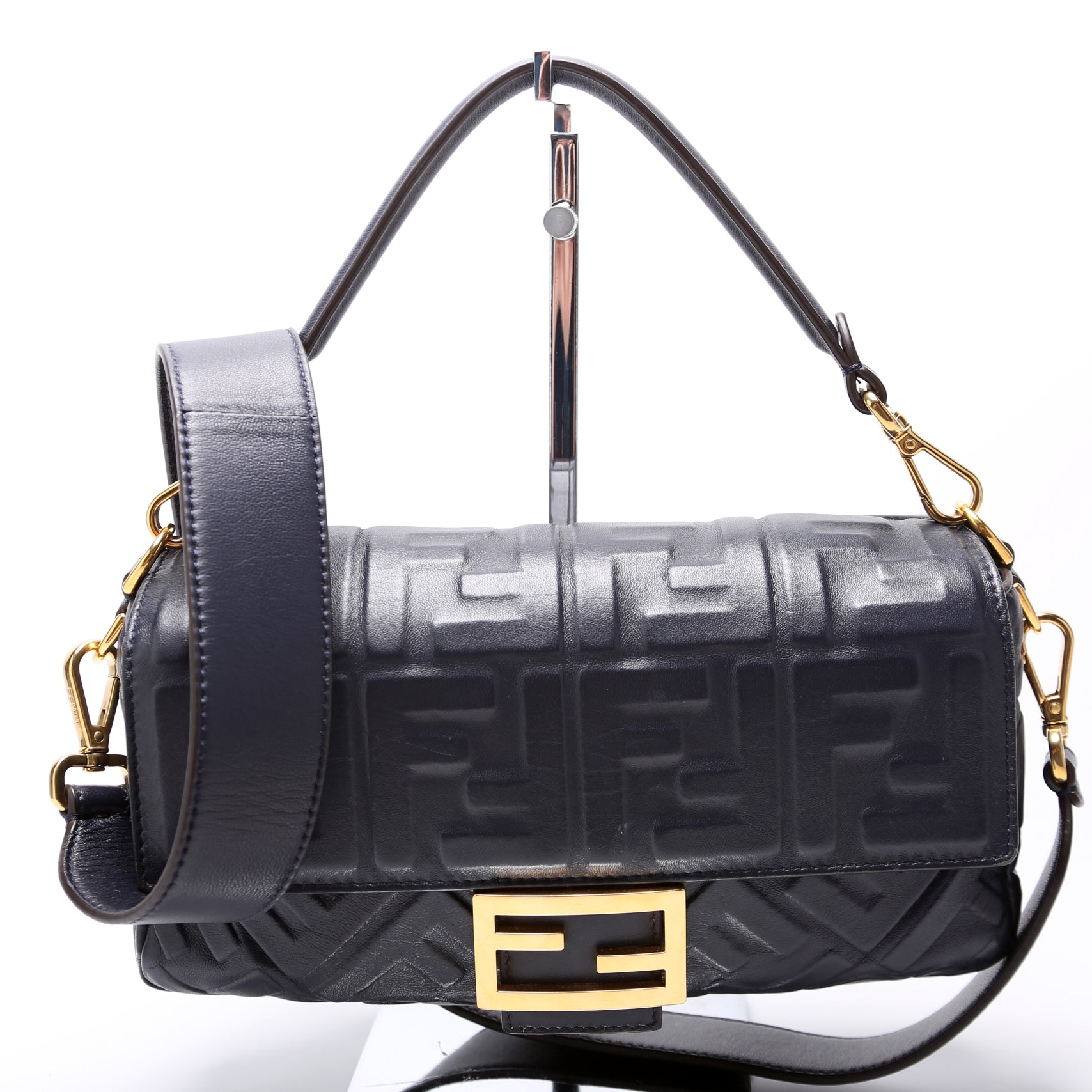 Fendi Baguette FF Embossed Nappa Navy Bag