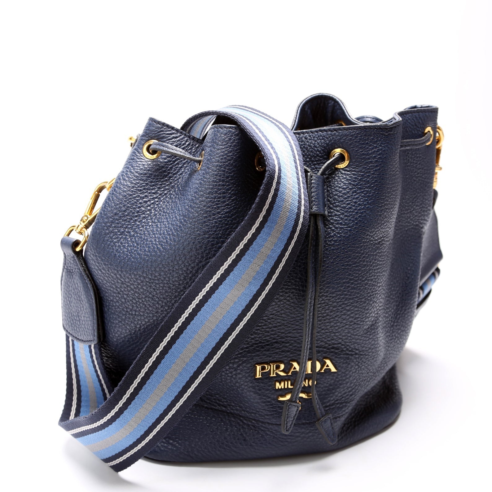 Prada 1BE018 Vitello Daino Bucket Blue Bag