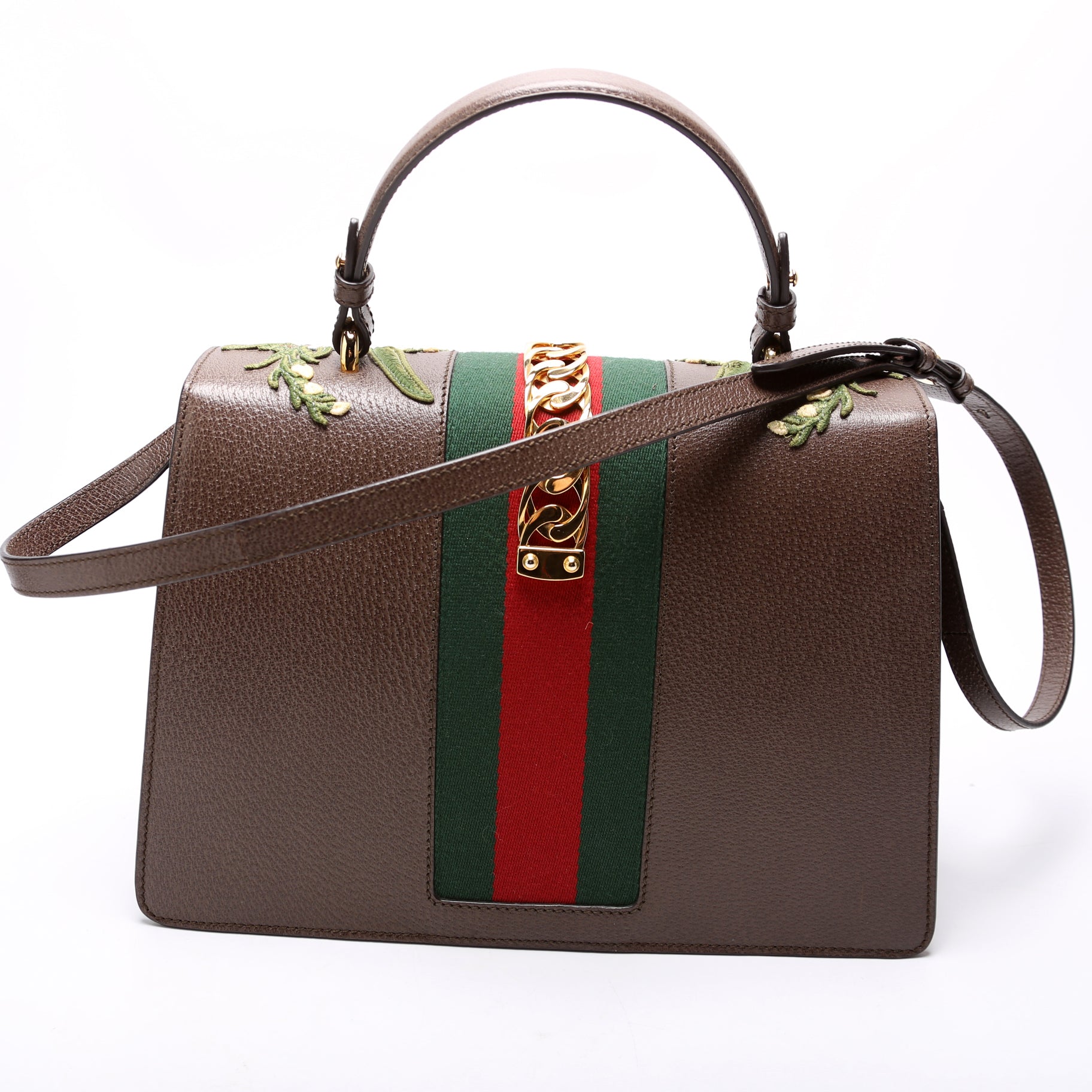 Gucci 431665 Sylvie Top Handle Embroidered Calfskin Medium Brown Bag