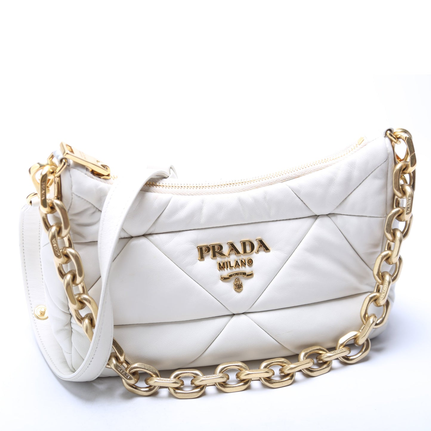 Prada 1BC157 Padded Quilted Nappa System Triangle Shoulder White Bag