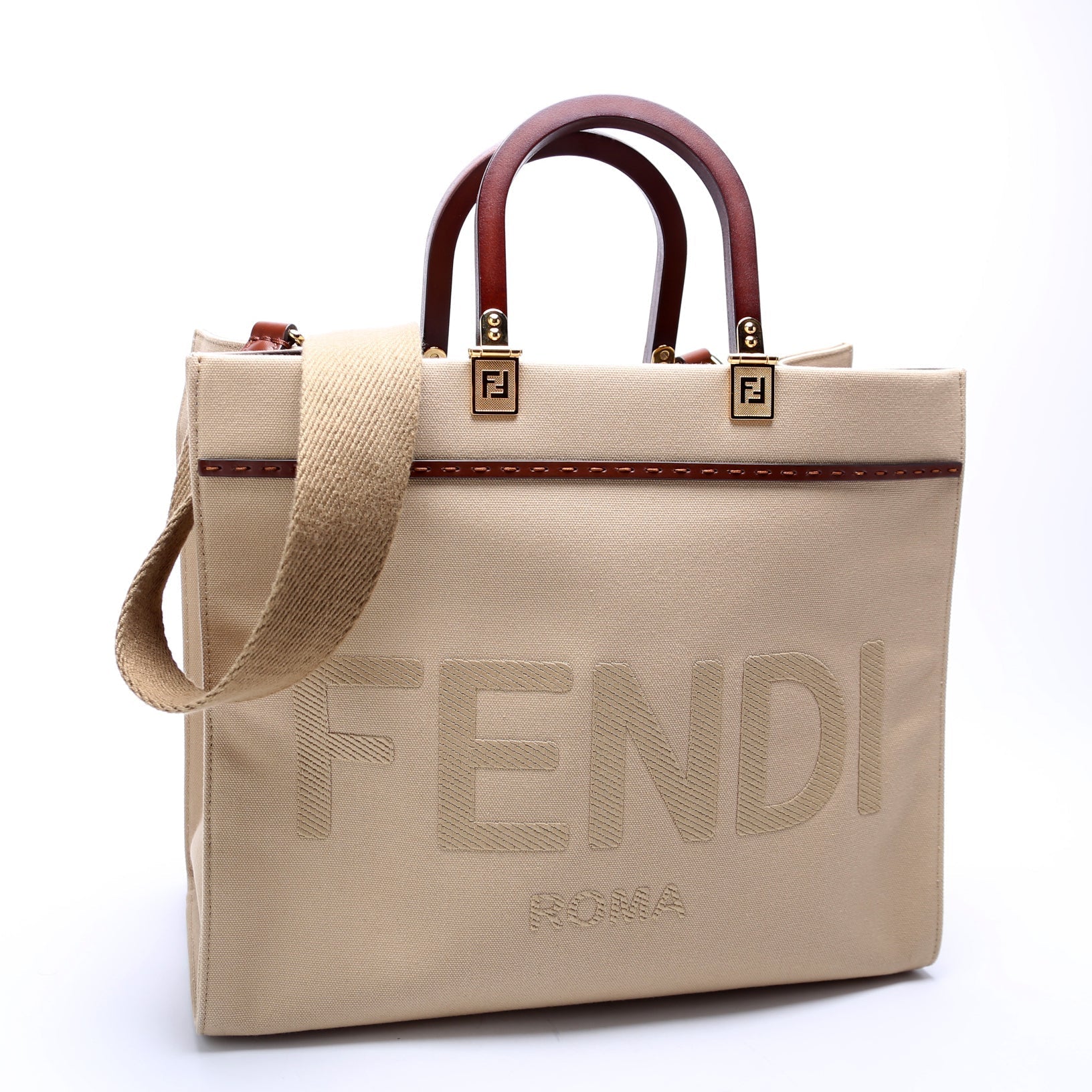 Fendi 8BH386 Sunshine Shopper Medium Canvas Tan Bag