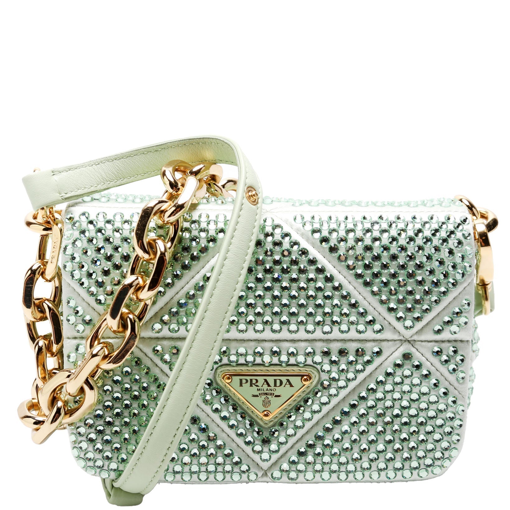 Prada Triangle Logo Crystal Shoulder Green Bag
