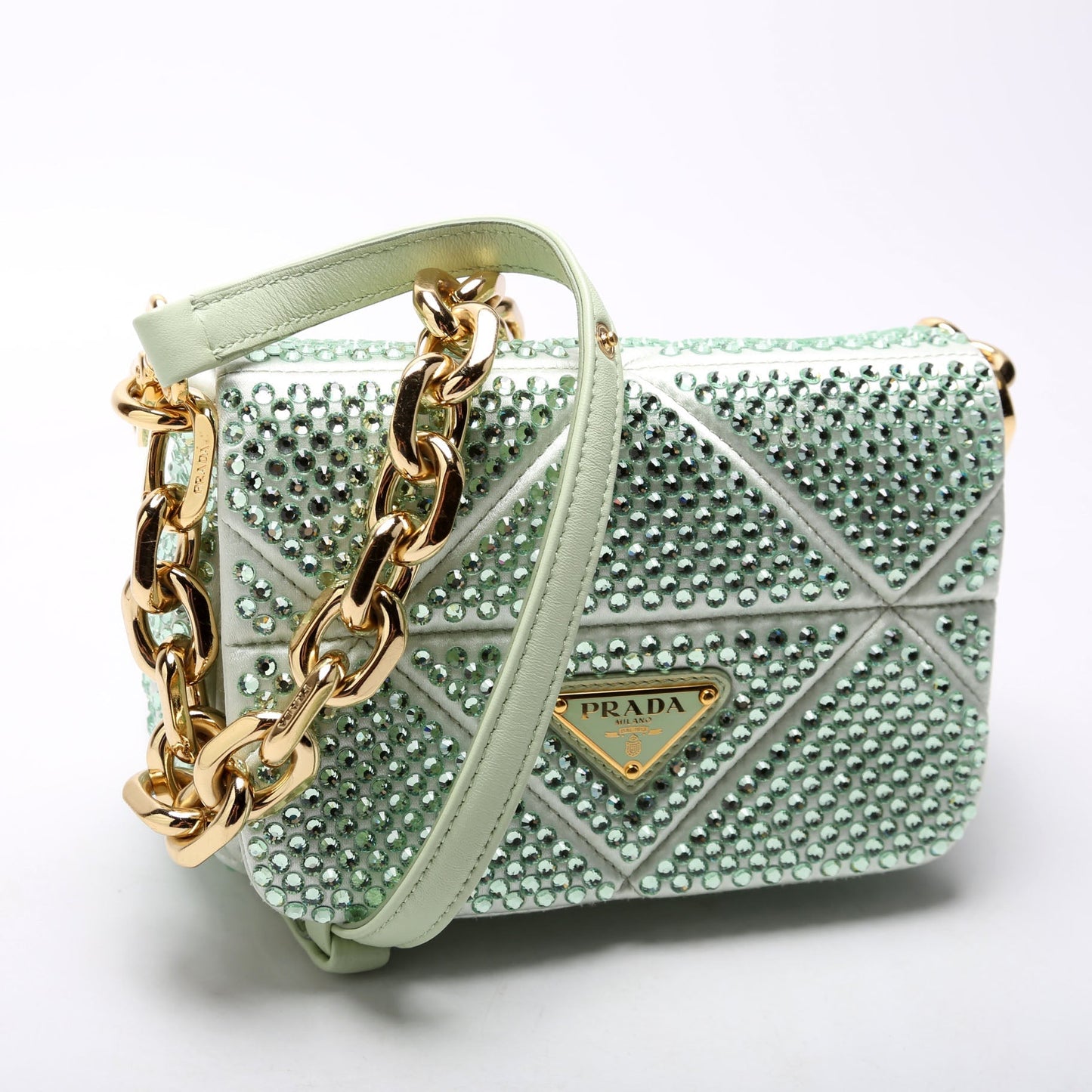 Prada Triangle Logo Crystal Shoulder Green Bag