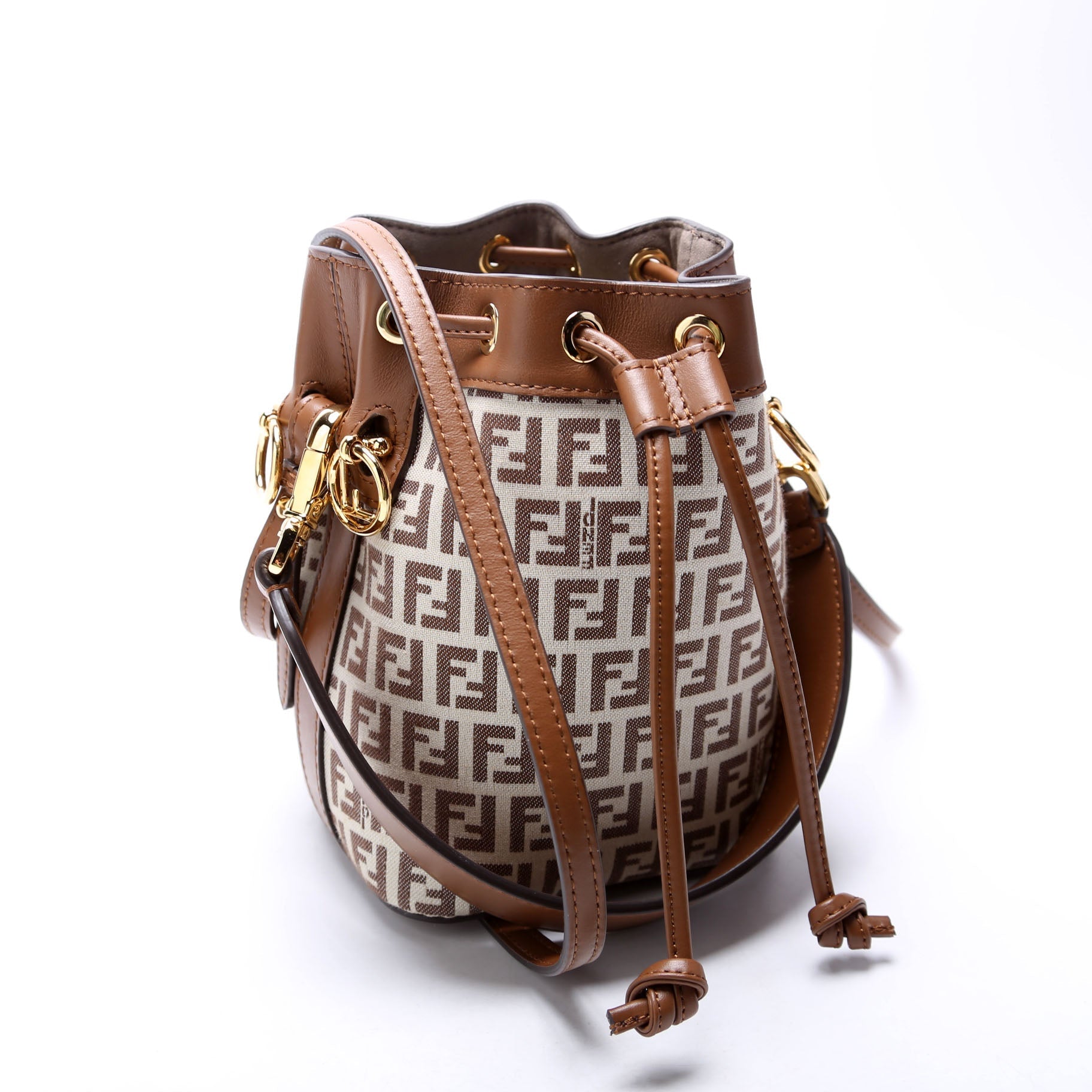Fendi 8BS010 Tresor Mini Bucket Leather/Canvas FF Brown Bag