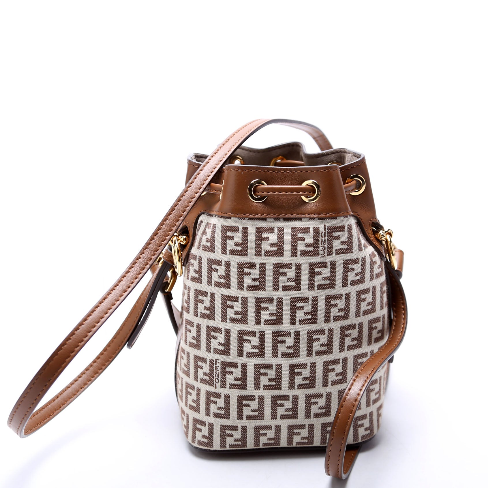 Fendi 8BS010 Tresor Mini Bucket Leather/Canvas FF Brown Bag