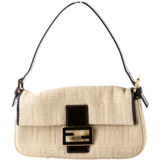 Fendi 8BR600uette FF Woven/Wood Beige/Black Bag