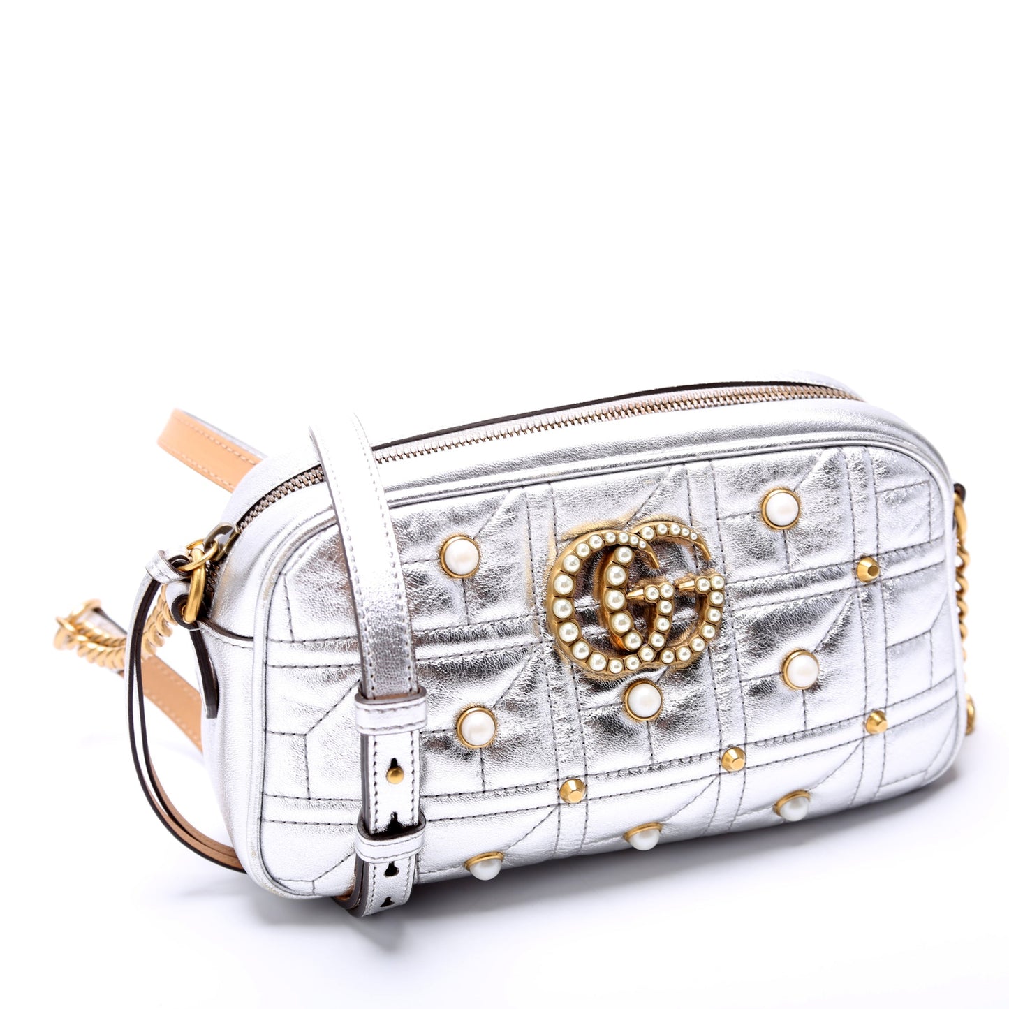 Gucci 447632 Marmont Small Leather/Pearl Camera Silver Bag