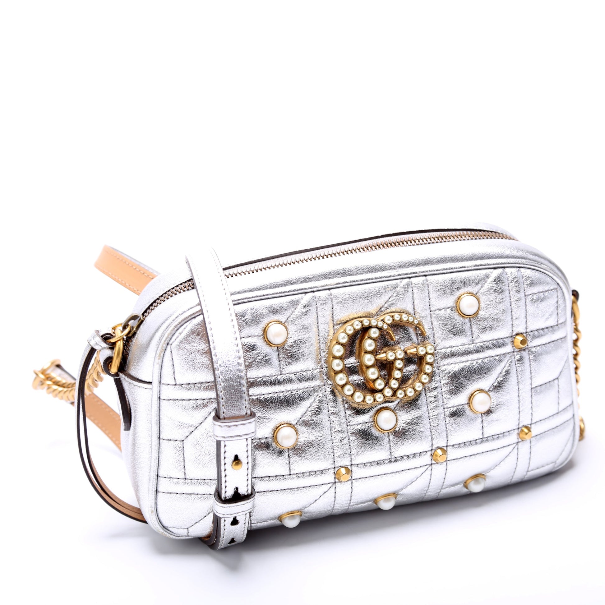 Gucci 447632 Marmont Small Leather/Pearl Camera Silver Bag