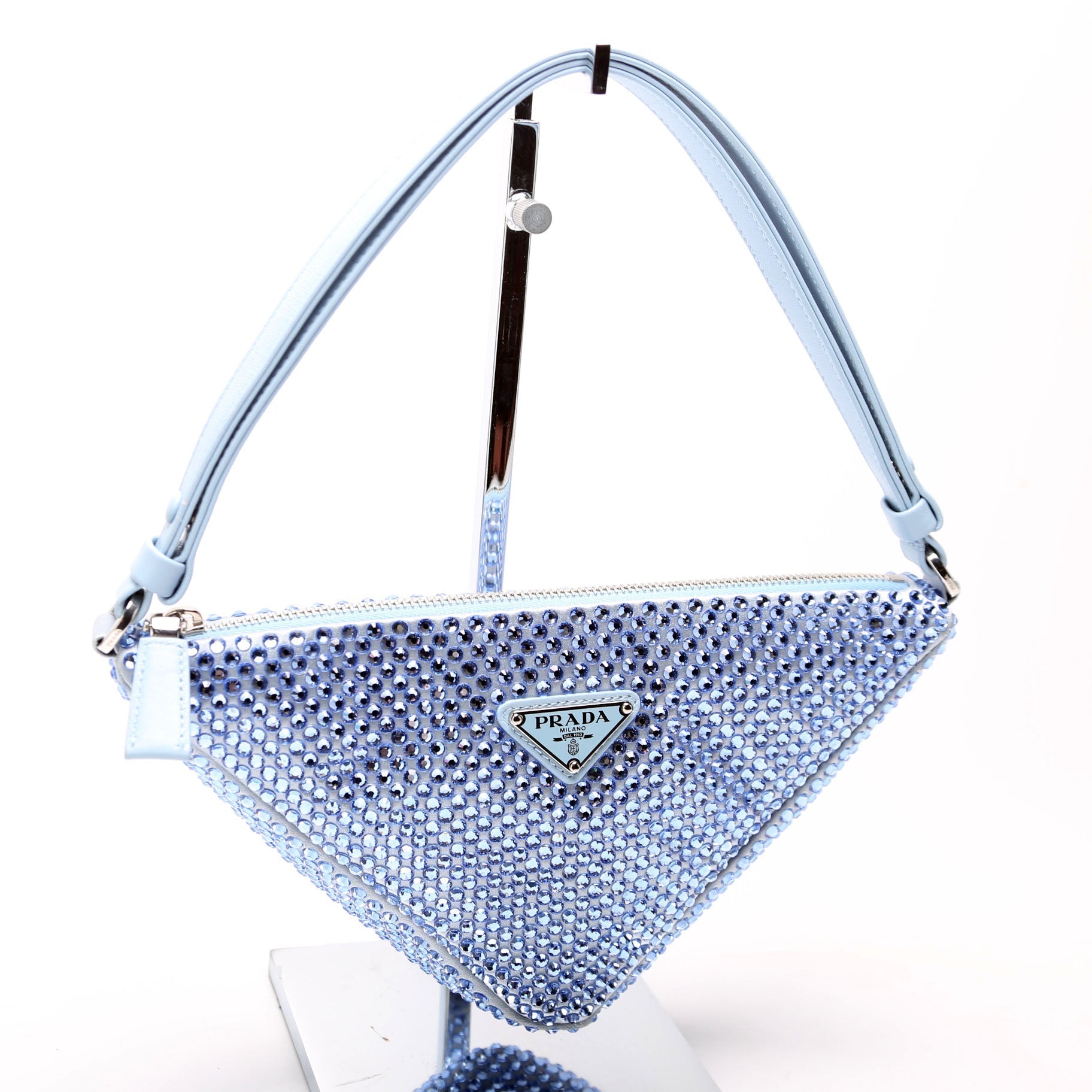 Prada 1BC190 Crystal Satin Triangle Pouch Blue Bag